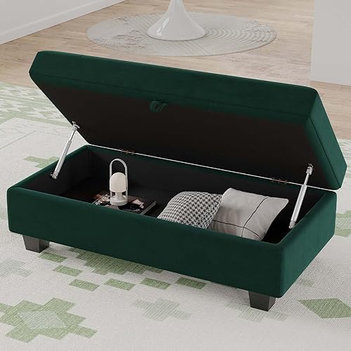 Miniatura 4 de Belffin Banco otomano de almacenamiento rectangular de gran tamaño con almacenamiento tapizado de terciopelo capitoné, banco otomano para sala de