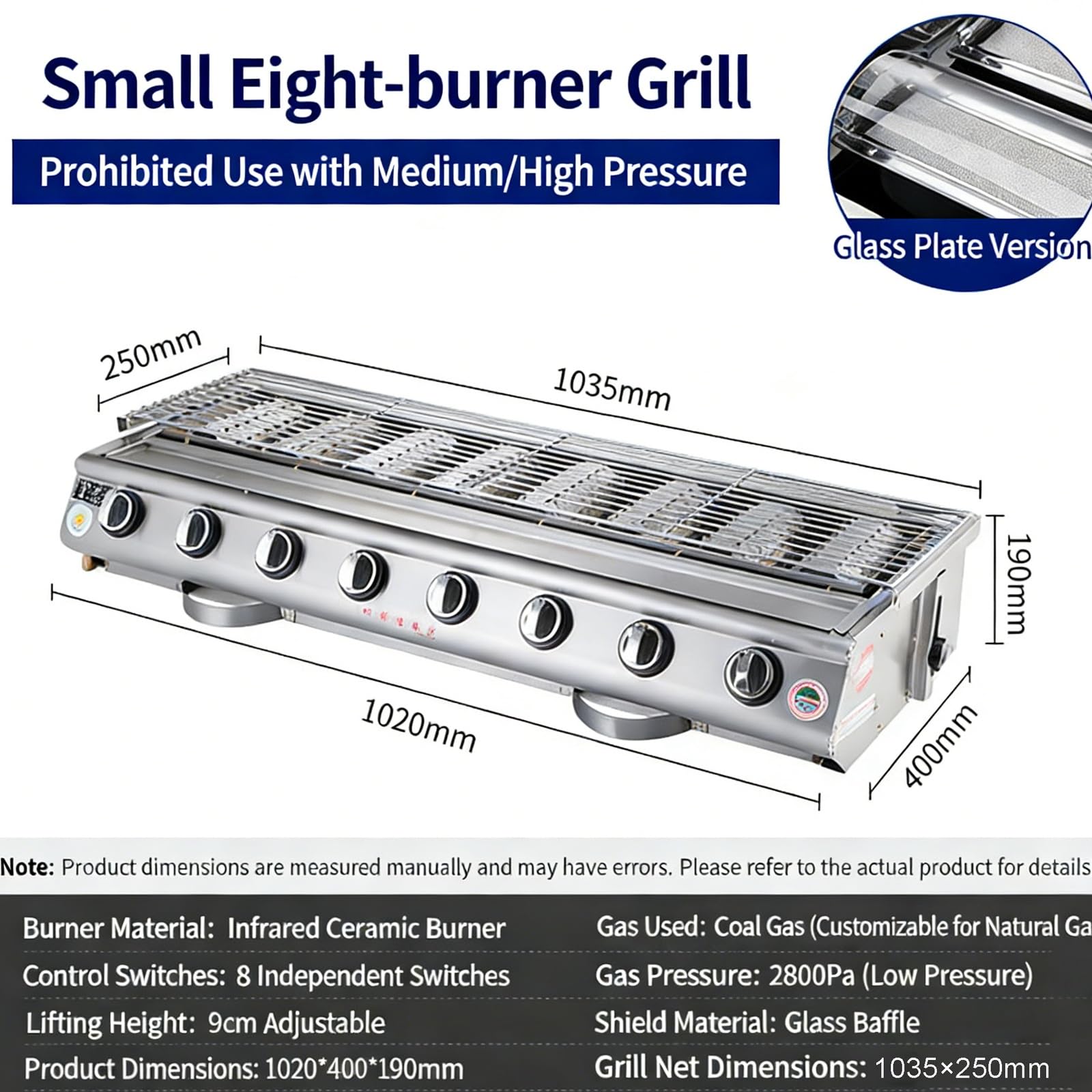 Barbecue a gas a 8 fuochi, in acciaio inox, per esterni, con altezza regolabile, vassoio di raccolta dell'olio, per feste, campeggio, picnic
