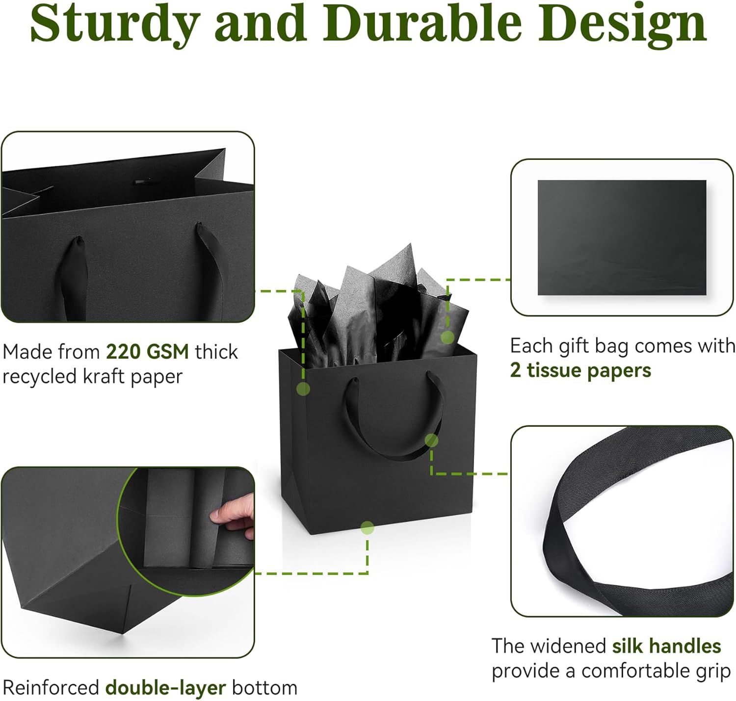 GEGIBOA Black Gift Bags With Handles and Tissue Paper 16 Pcs, 12.5x4.5x11 Inch Sturdy Kraft Paper Gift Bags, Bulk for Wedding, Party, Birthday, Business and Shopping