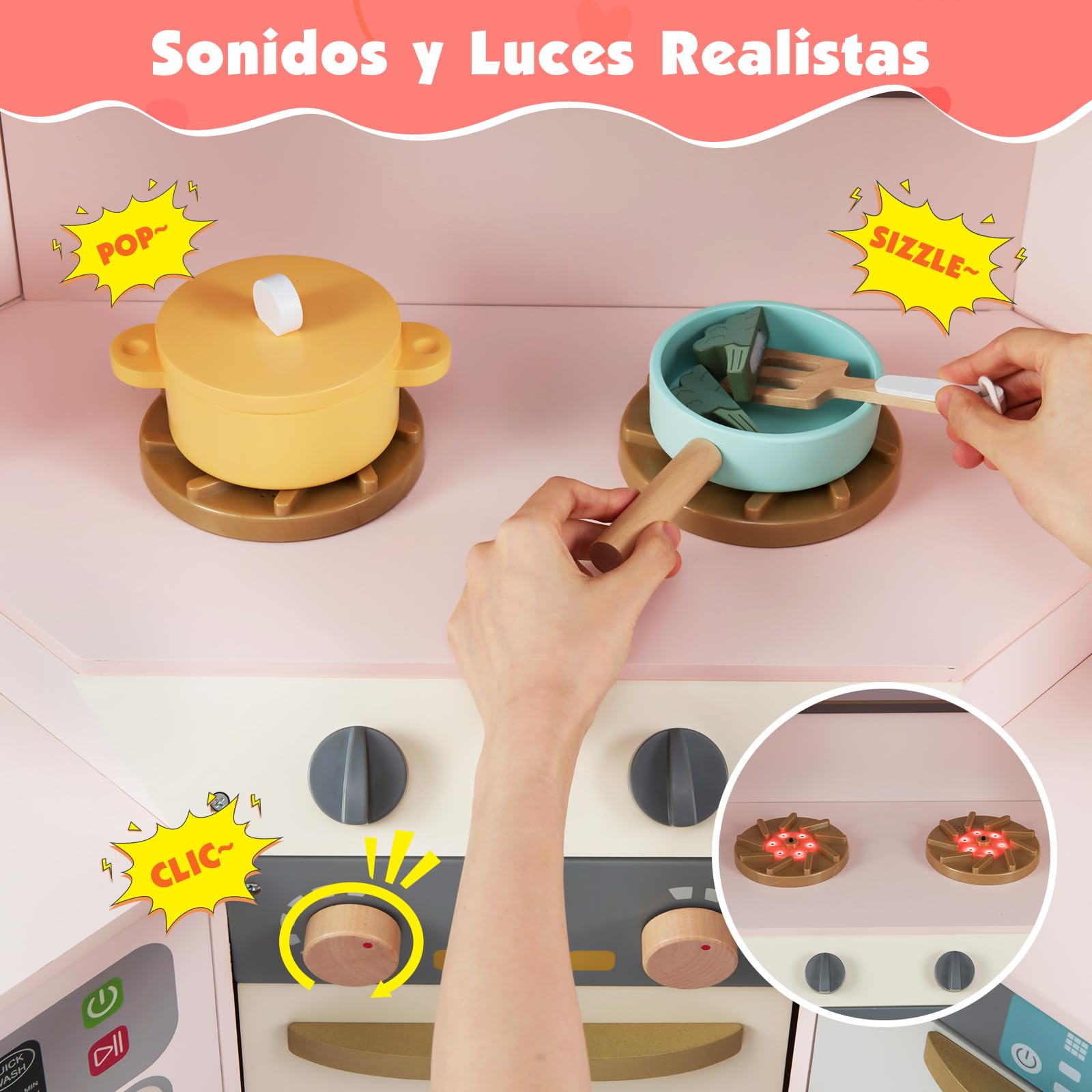 COSTWAY Cocina Juguete en Esquina con Luces y Sonidos, Cocina Infantil con Cubo de Basura, Cortina, Fregadero, Microondas, Horno, Lavadora y Accesorios, Cocinita Infantil para Niños de 3+ Años (Rosa)