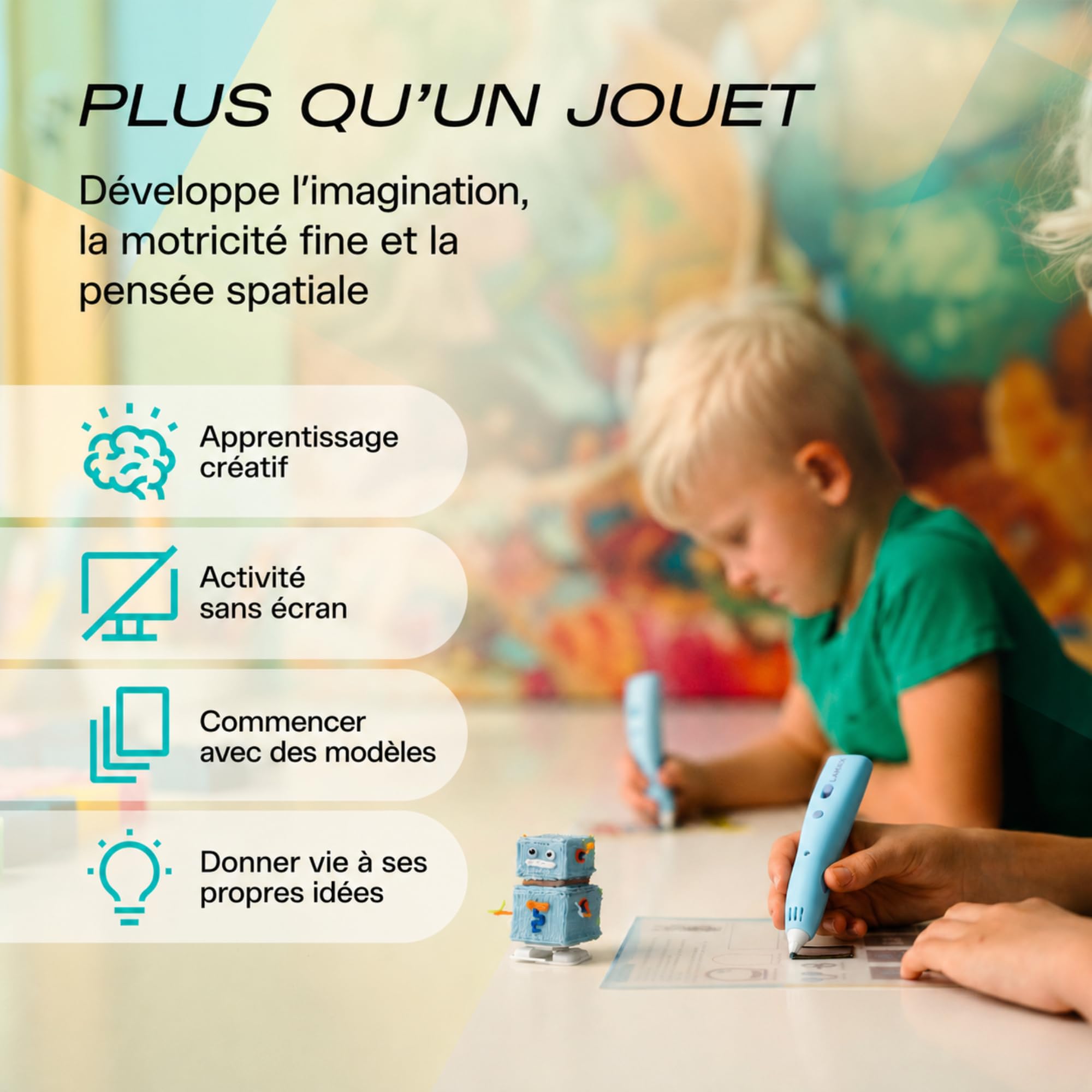 LAMAX ArtKid1 Stylo 3D, stylos 3D pour enfants, recharges hypoallergéniques non toxiques, 2 vitesses, 2 niveaux de température, 12 recharges, diamètre du filament (remplissage) 1,75 mm (bleu)