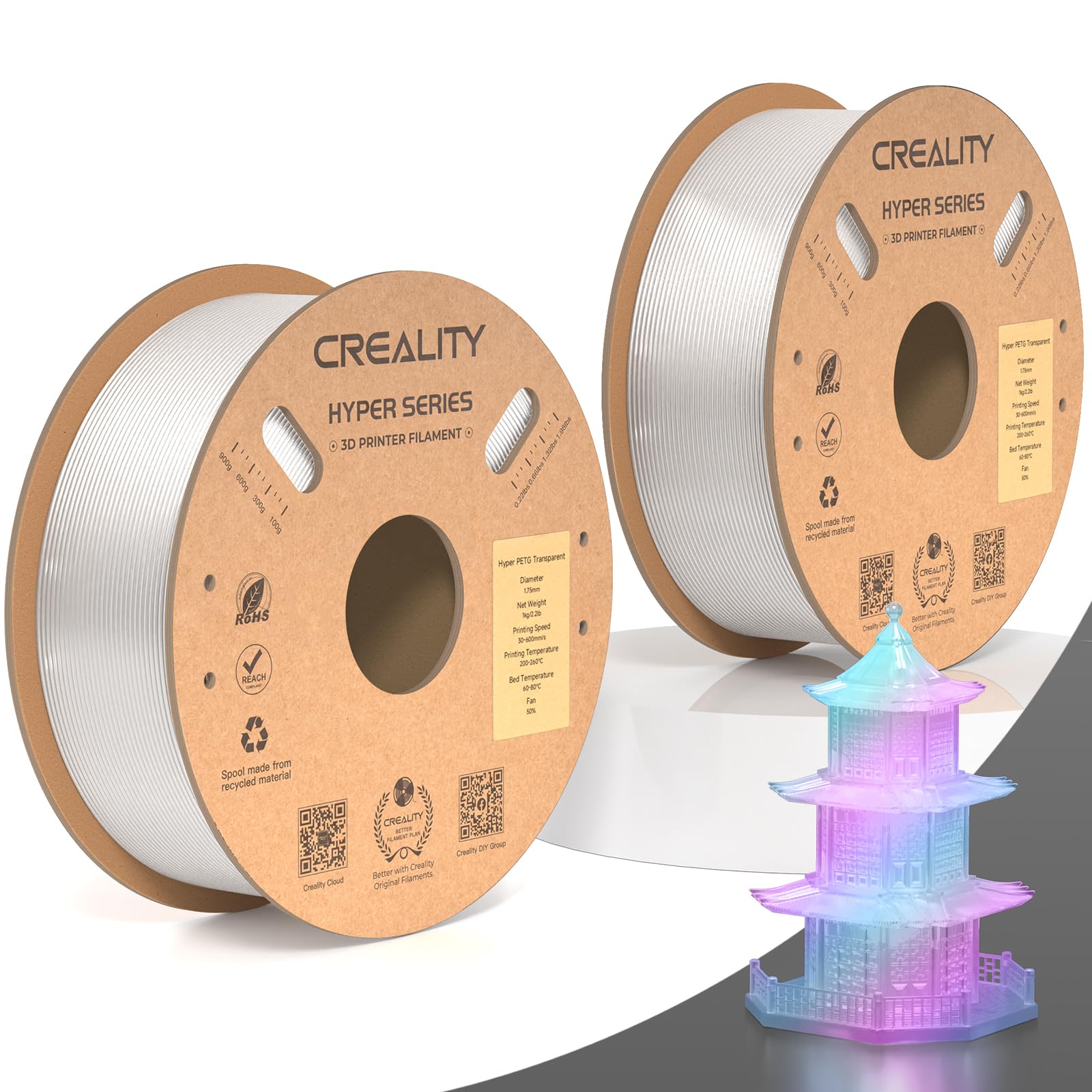 Creality Hyper PETG Filament Clear for K1/K1 Max/K1C, 3D Printer Filament PETG High Speed 30-600mm/s, No Stringing Good Layer Adhesion Fit Various 3D Printers, 2KG