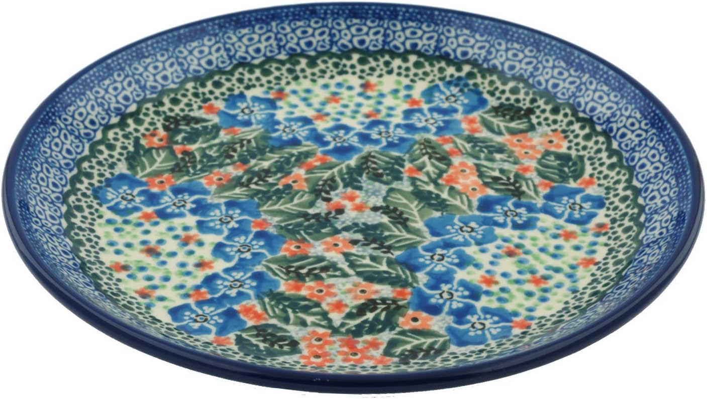 Polmedia Polish Pottery Dessert Plate UNIKAT - Blue Star Flowers Pattern Handmade in Boleslawiec Poland by Ceramika Artystyczna + Certificate of Authenticity