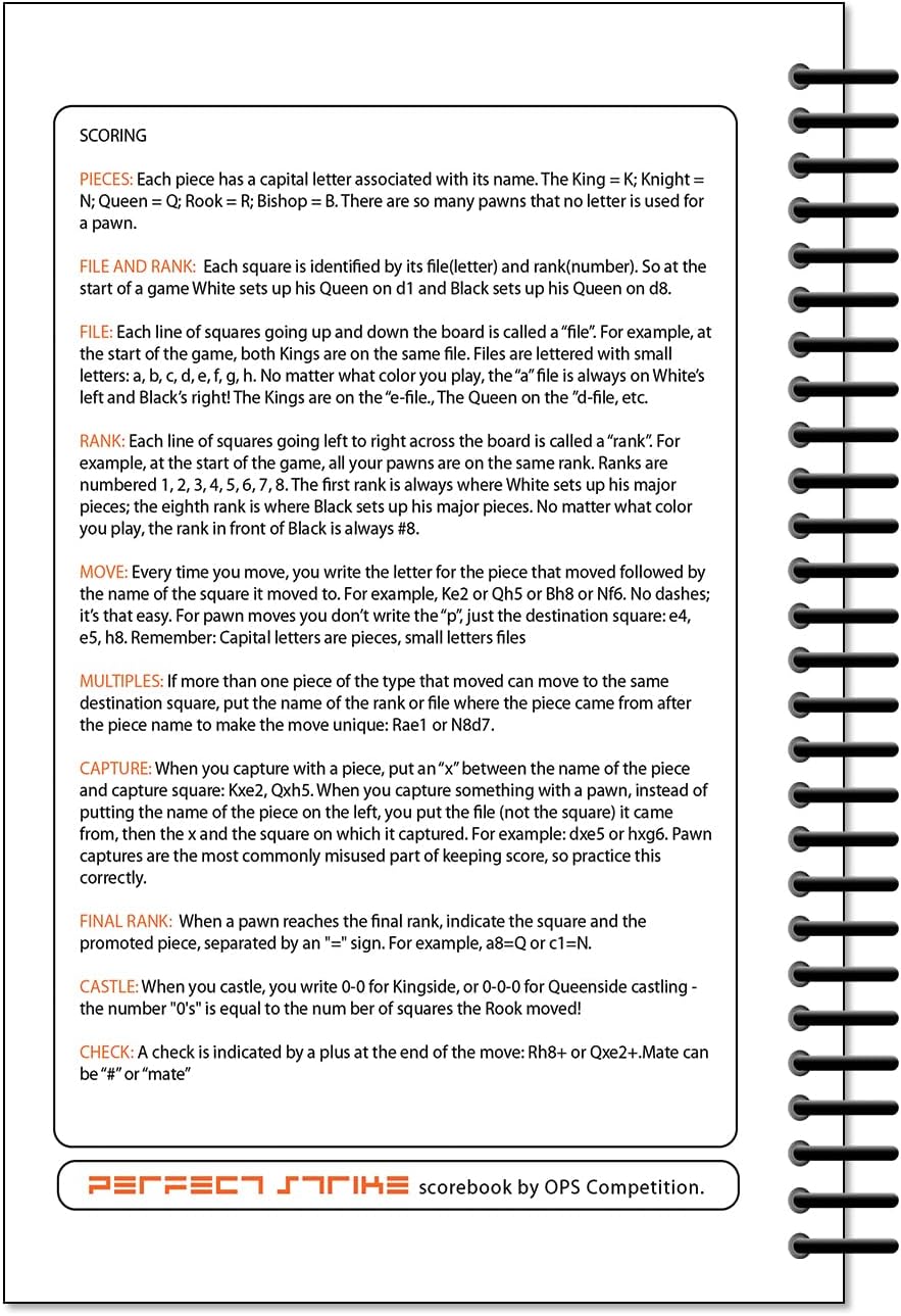 Perfect Strike Chess SCOREBOOK with Rules and Scoring Instructions. Heavy Duty. Practice and Competition. (5.5" x 8.5") LS-50:60 (50 Games per Book)