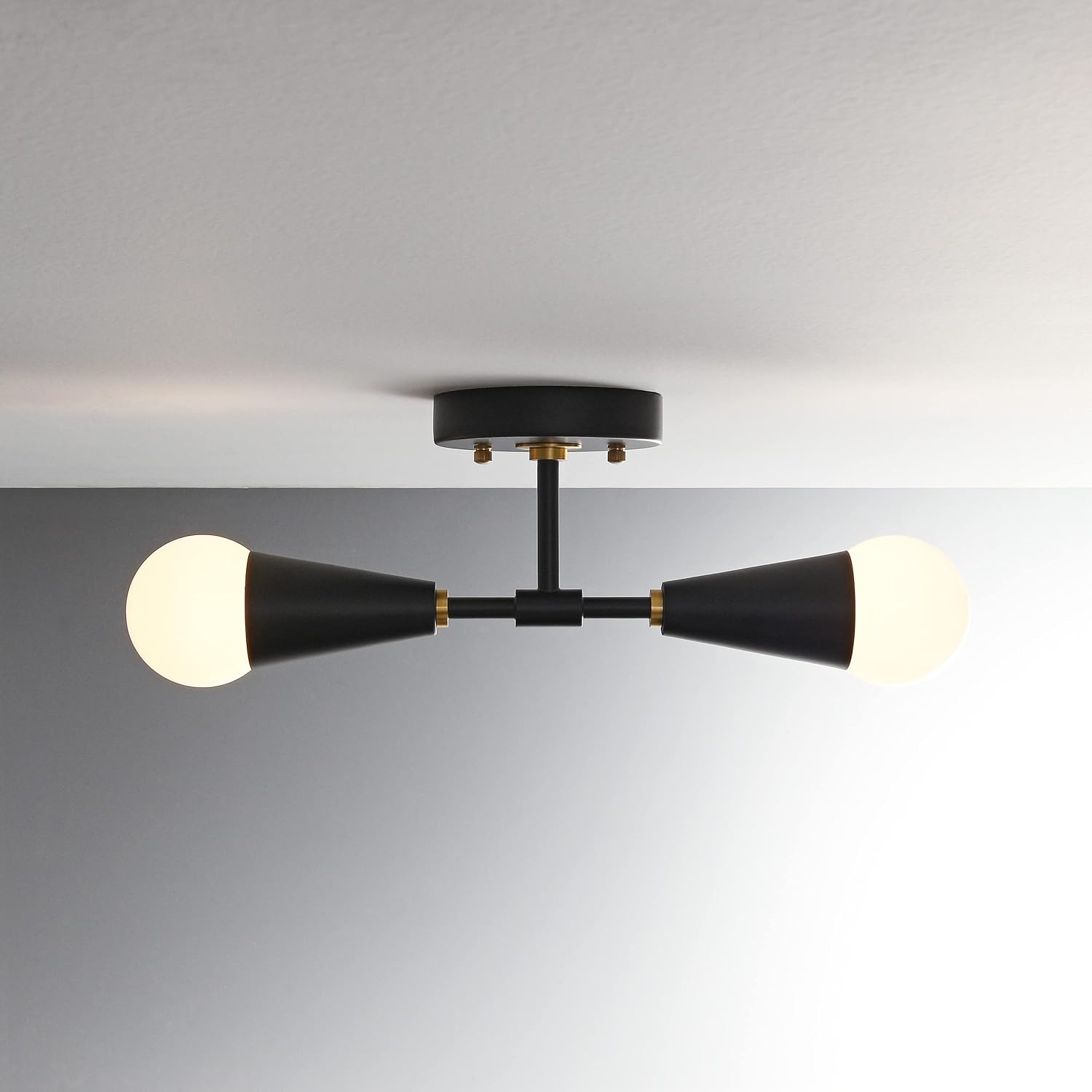 BRIGHTTIA Vicky 2 Light Cone Socket Wall Sconce - Mid Century Modern Fixture for Wall & Ceiling - Minimalist Edison Lamp for Hallway and Bathroom Vanity - Black & Gold (BW0027-2BG)