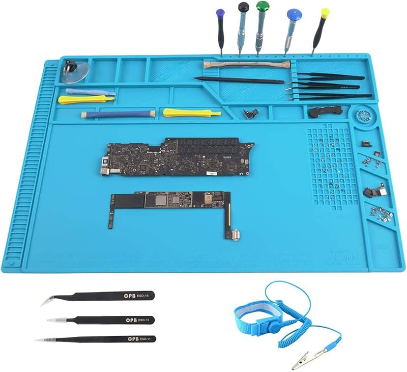 CPB Alfombrilla de soldadura de silicona grande, alfombrilla de reparación magnética con correa ESD | y 3 pinzas para electrónica, computadora y teléfono: 21,6" x 13,8"