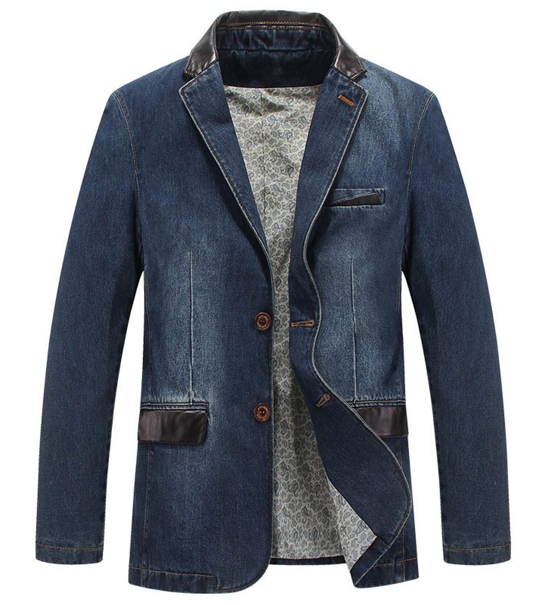 Man's Sports Notched Collar 2 Button Slim Distressed Denim Blazer Jacket Leather Trim |Blue |L-picture-43