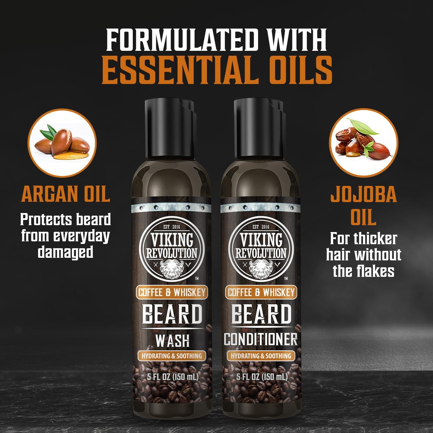 Viking Revolution Ultimate Conditioner for Men's Beard Grooming - Softens, Smoothes and Soothes - Contains Beard Wash and Conditioner (5oz Set), Beard Oil, Balm and Wooden Comb - Coffee Whiskey Scent