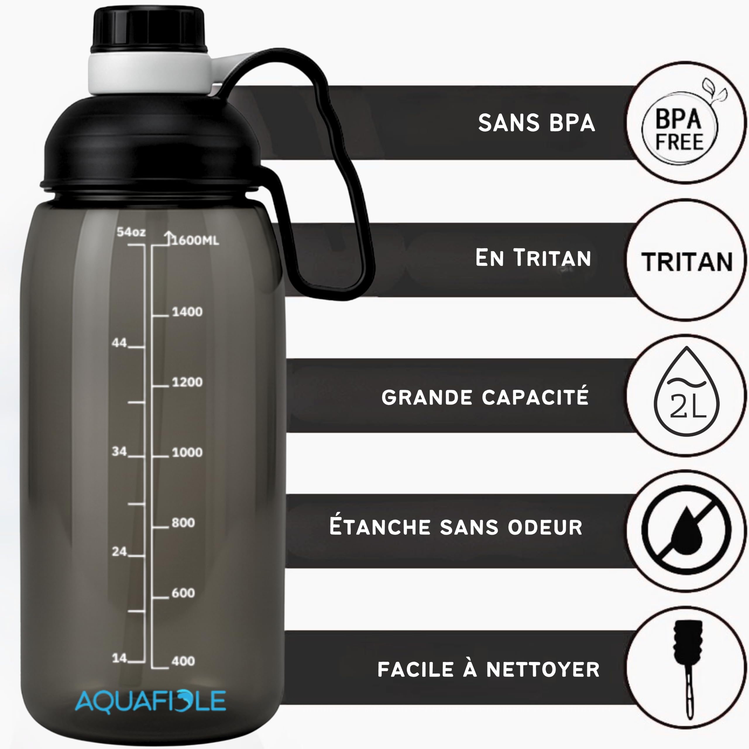 AQUAFIOLE Gourde Eau Tritan Motivation Graduée 2l Pour 1 Journee En