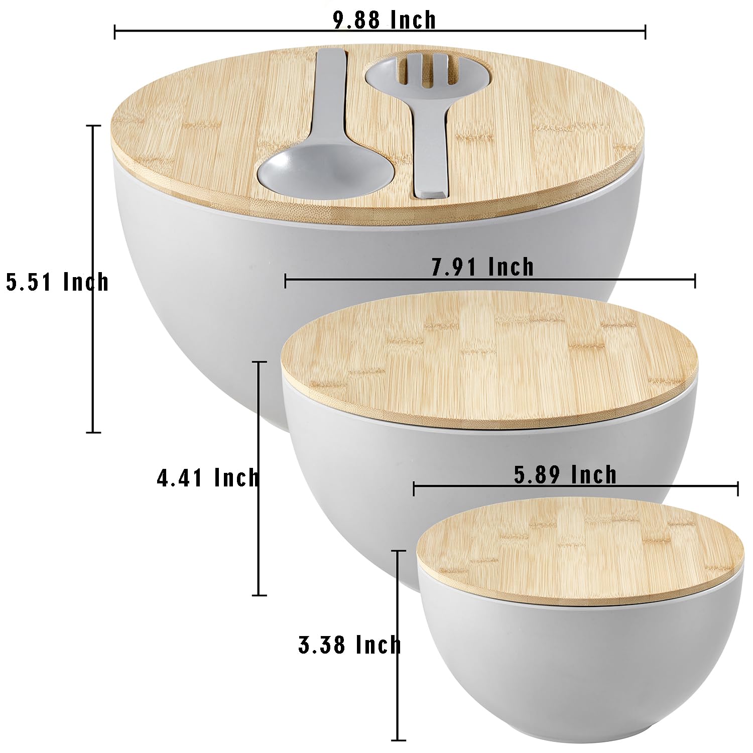 ECOWAY Juego de 3 cuencos de ensalada con tapa y utensilios para servir, juego de cuencos grandes de fibra de bambú para servir y juego de almacenamiento con tapa de bambú para ensalada, cocina,