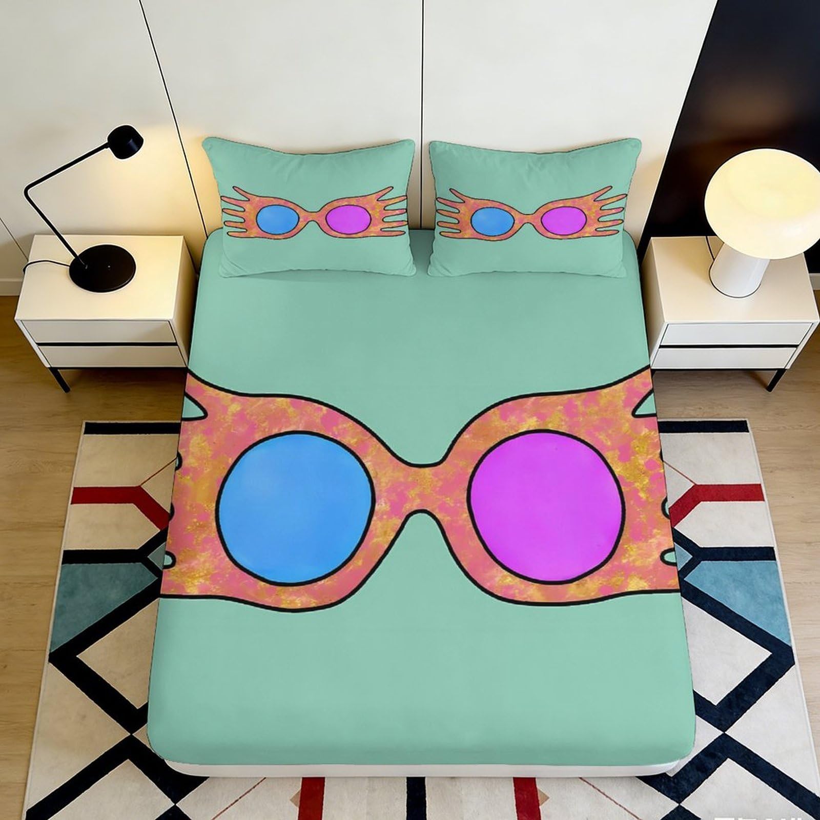 Decorative 3D Printed Sunglasses Fitted Sheet, Microfiber Soft Touch, Bed Cover for Home Bedroom, Wrinkle Resistant, Apartment Bedding, 180x200x25cm