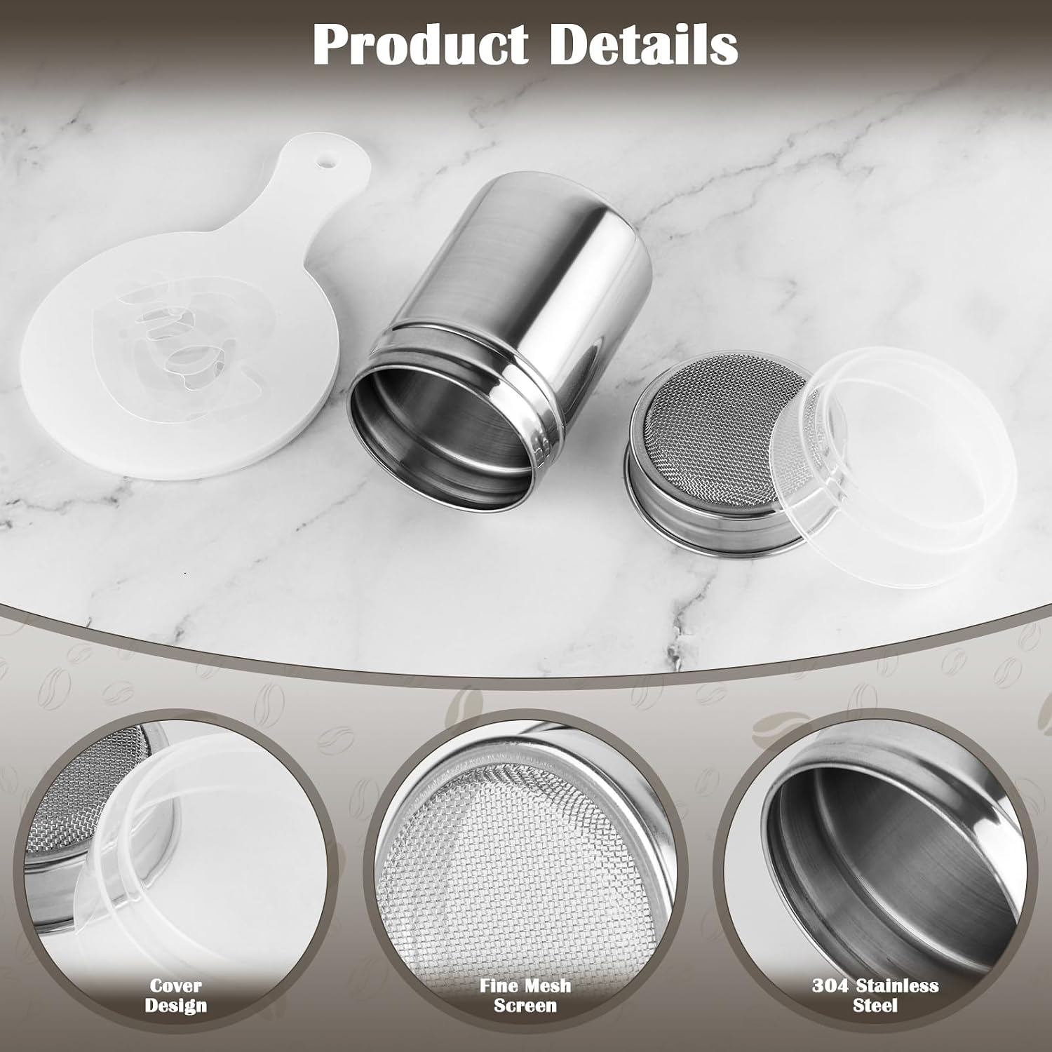 Powdered Sugar Shaker Duster,Cinnamon Shaker Flour Sifter,7oz 304 Stainless Steel Fine Mesh Shakers With Lid,16 Pieces Coffee Stencils Latte Art for Baking Soda Cocoa Cornstarch Cinnamon Coffee Flour