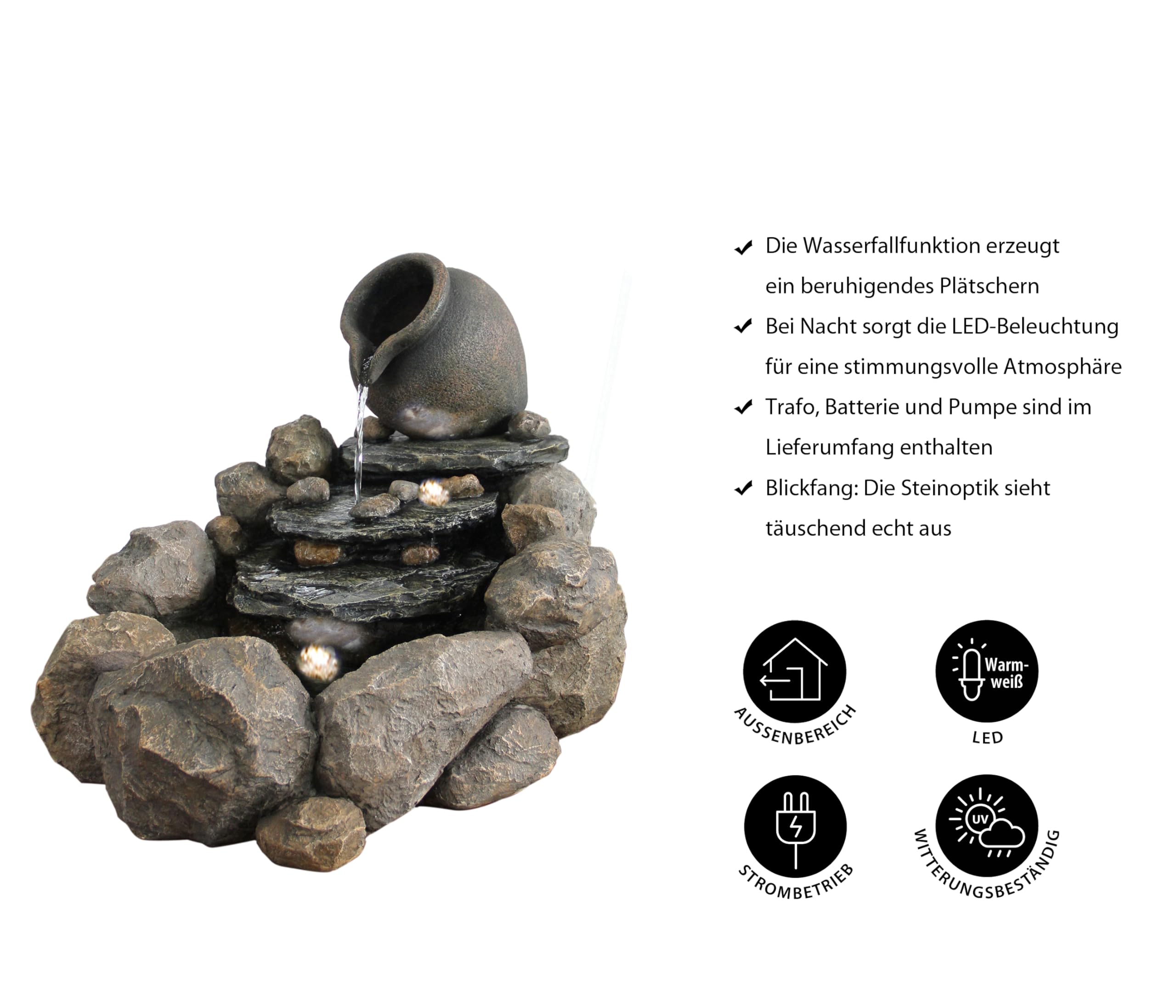 Dehner Gartenbrunnen Soltero, Outdoor-Brunnen, mit LED-Beleuchtung, solarfähig, ca.69x54x57,8 cm, Polyresin, grau