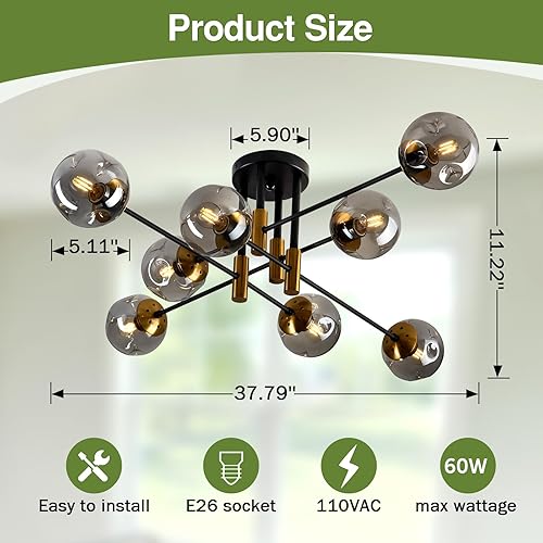 Miniatura 2 de SZXYKEJI Lámpara de techo con forma de globo de cristal de 8 luces, color negro y dorado de mediados de siglo, lámpara Sputnik de montaje empotrado,