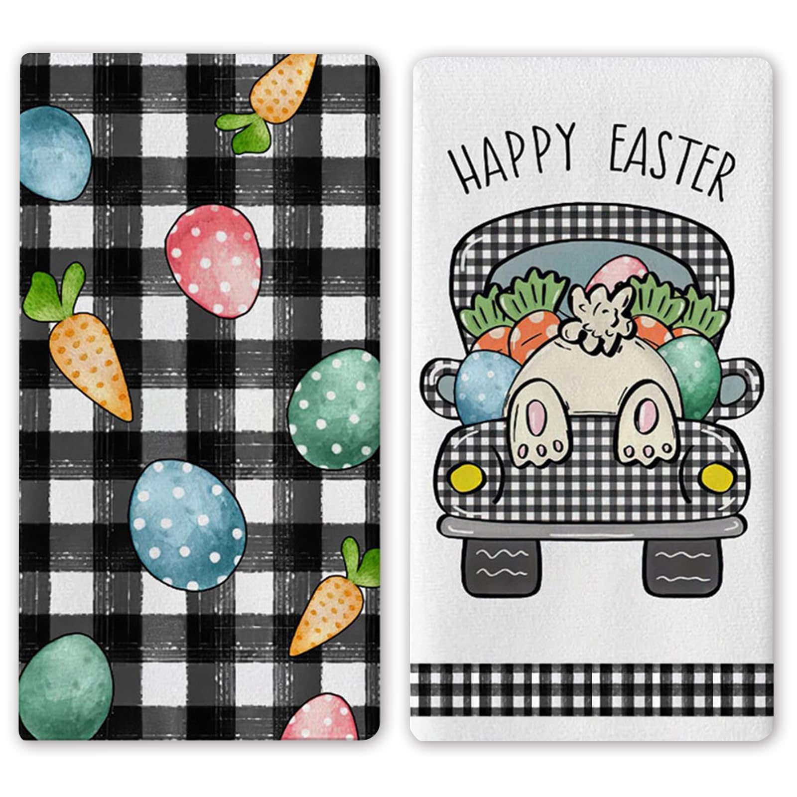 Aurblyn 2PCS Easter Kitchen Towels Easter Table Decorations Black Bunny with Plaid Dish Towels for Kitchen easter Dish towels and Rabbit Decor easter Decor for Home Housewarming Gift
