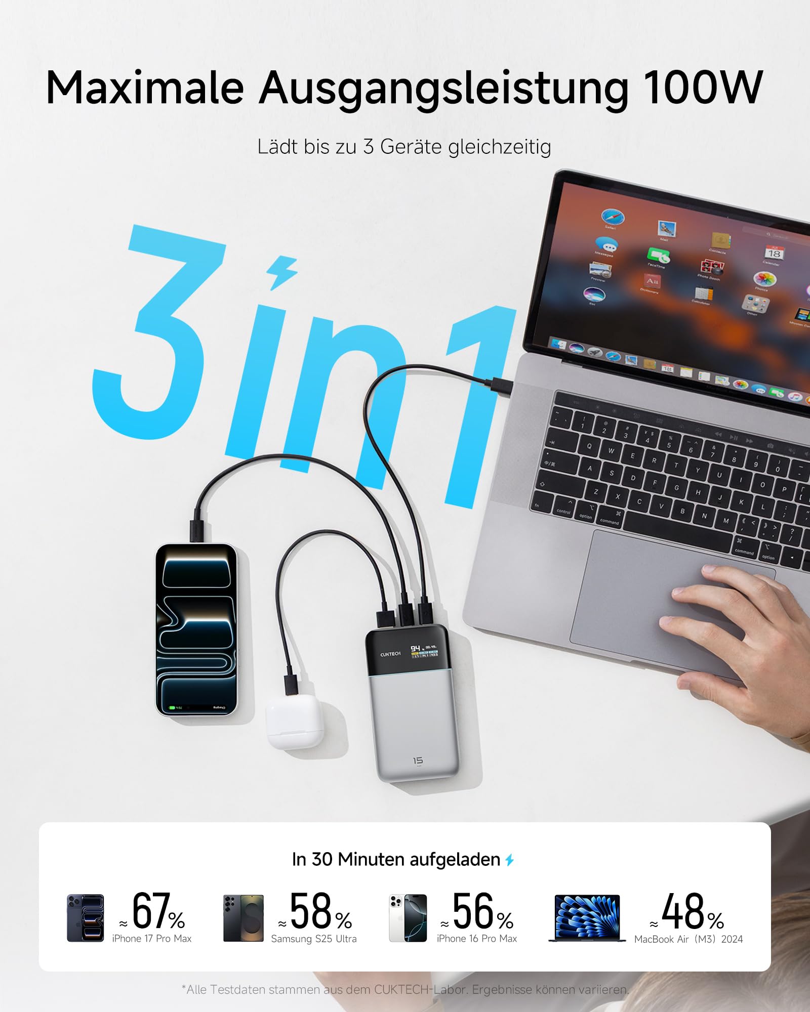 CUKTECH 15 Air 15000mAh Power Bank, Gesamt 100W Powerbank mit digitalem Display und Schnellladefunktion, USB-C Akkupack für iPhone 16/15/14/13, Samsung Galaxy, Dell, iPad, AirPods u.v.m.