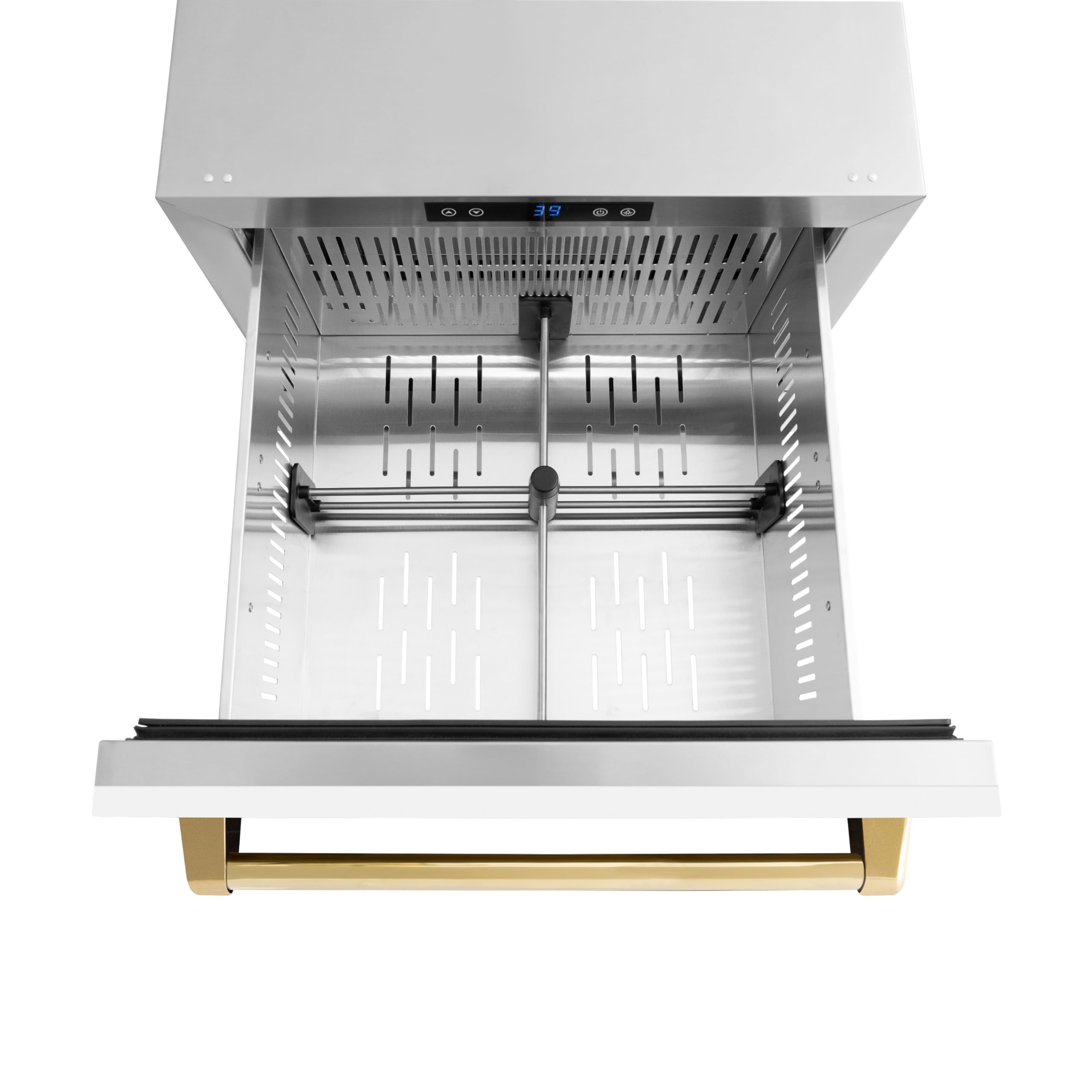 ZLINE Autograph Edition 24 In. Touchstone 168 Can Outdoor-Rated Dual Refrigerator Drawer With White Matte Doors And Polished Gold Handles (Rdsoz-Wm-24-G) on Fridge.com - View 2