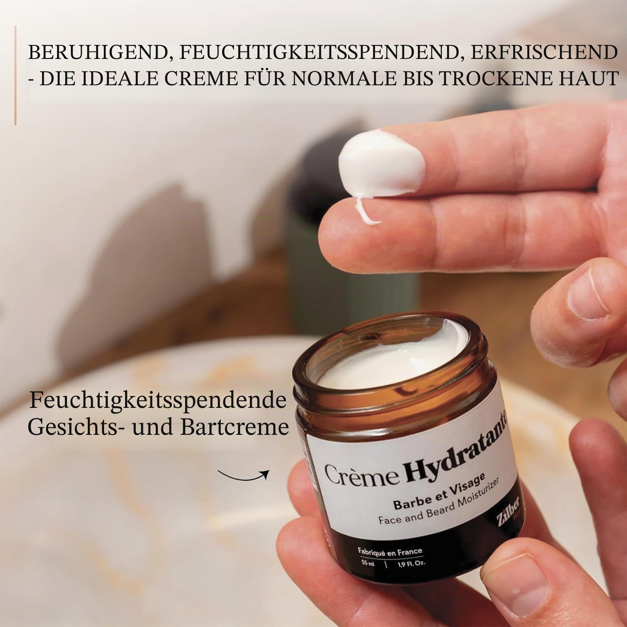 ZilberHaar - Bartpflege-Set für Männer - 1 Bartbürste Regular + 1 Bartbalsam + 1 Feuchtigkeitscreme - Harte Wildschweinborsten - Samtbeutel