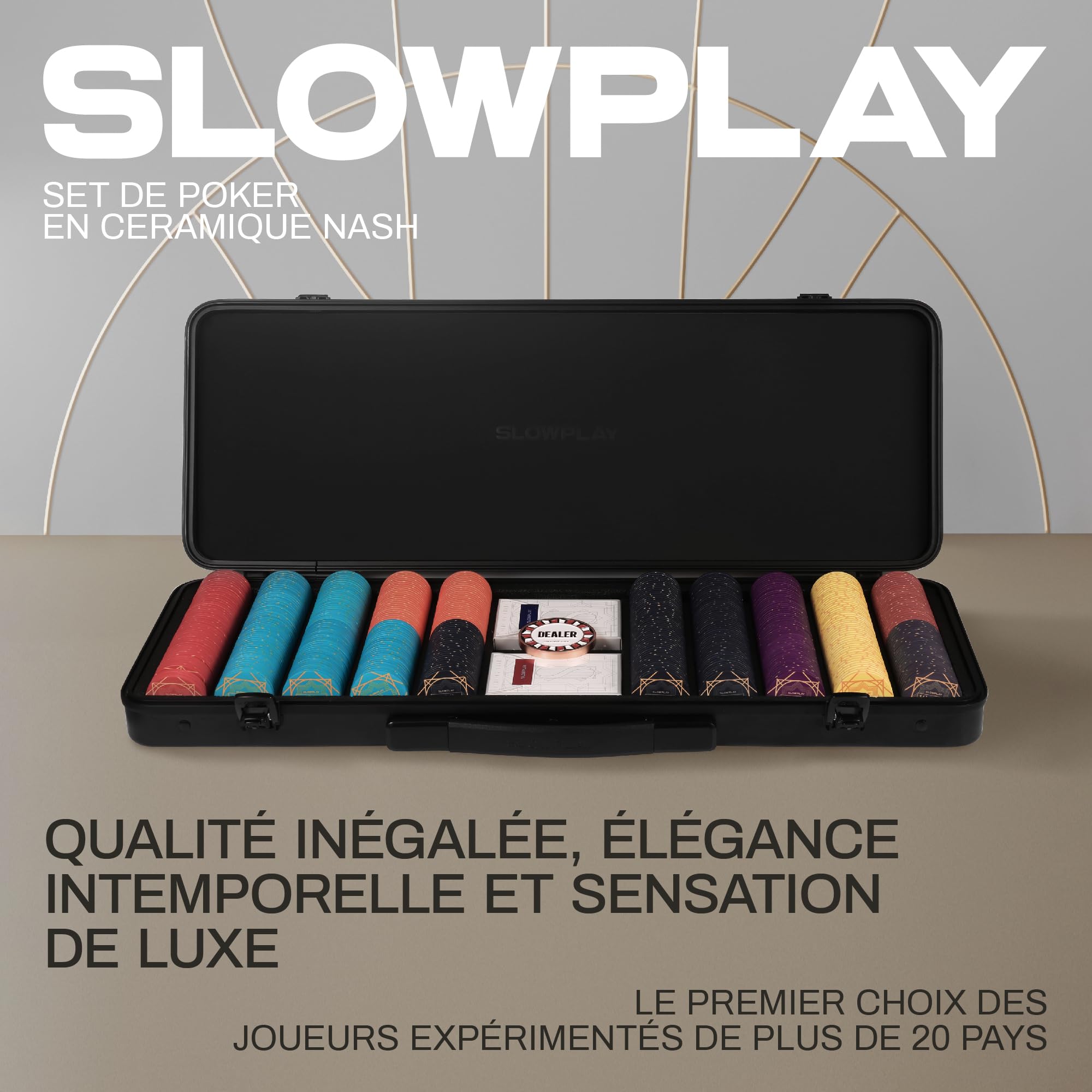SLOWPLAY Set Poker céramique Nash, jetons 10 g/39 mm, Texas Hold’em | 500 pièces numérotées; mallette premium PC; jetons composite céramique; Art déco