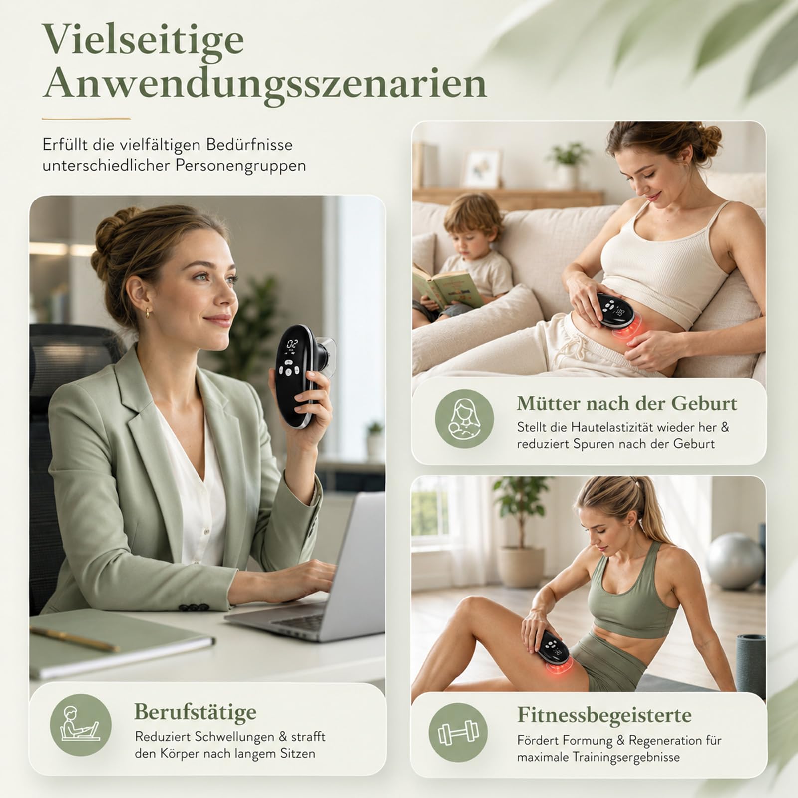 3-in-1 Anti Cellulite Massagegerät elektrisch: EMS, Vakuum Schröpfgerät, red light therapy, Lipödem/Lymphdrainage, Hautstraffung Bauch Beine Po Rücken, 3 Modi 10 Stufen, Sprachansage, 4 Aufsätze, Box