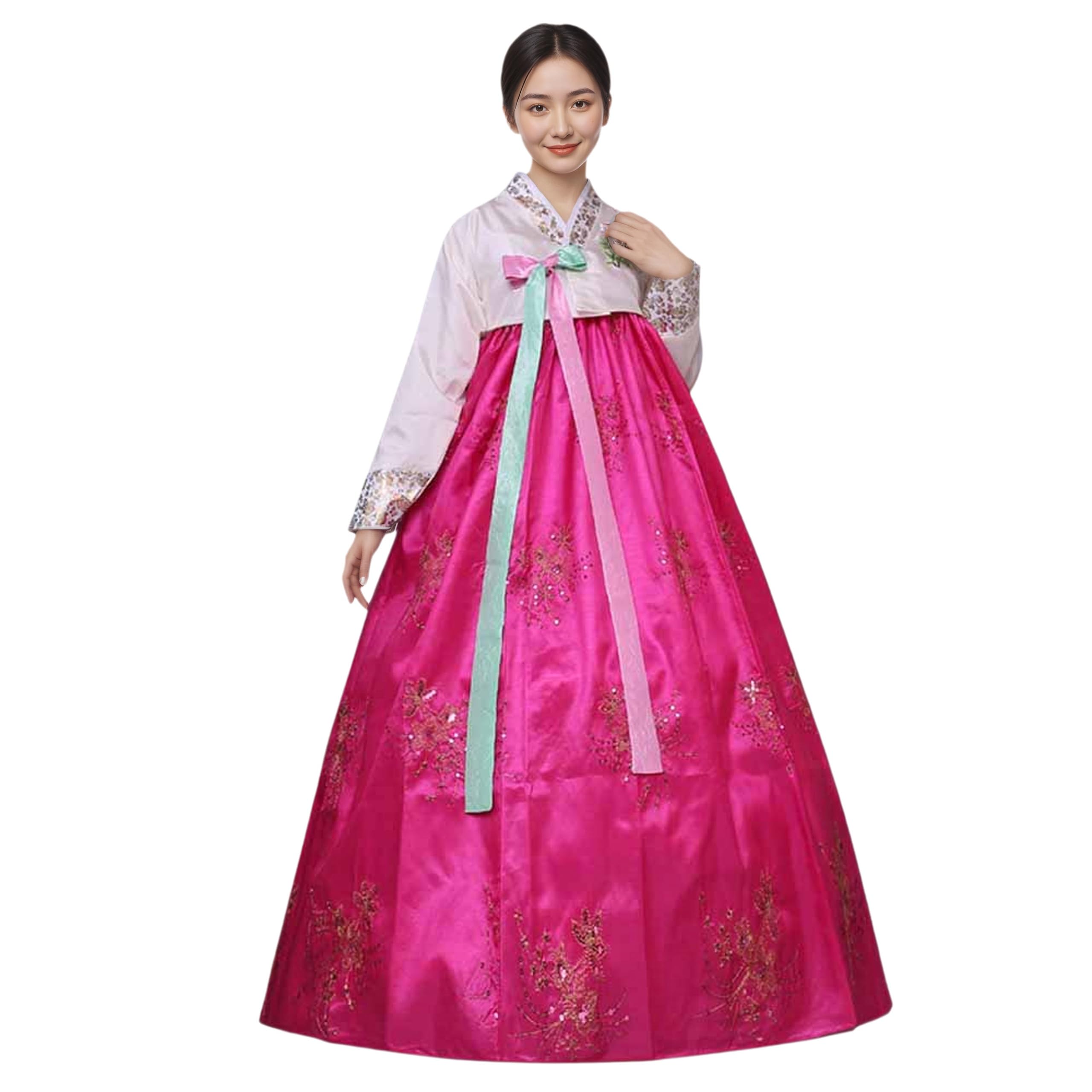 Abito tradizionale coreano Hanbok da donna, a maniche lunghe, costume da ballo per matrimonio con dettagli floreali ricamati