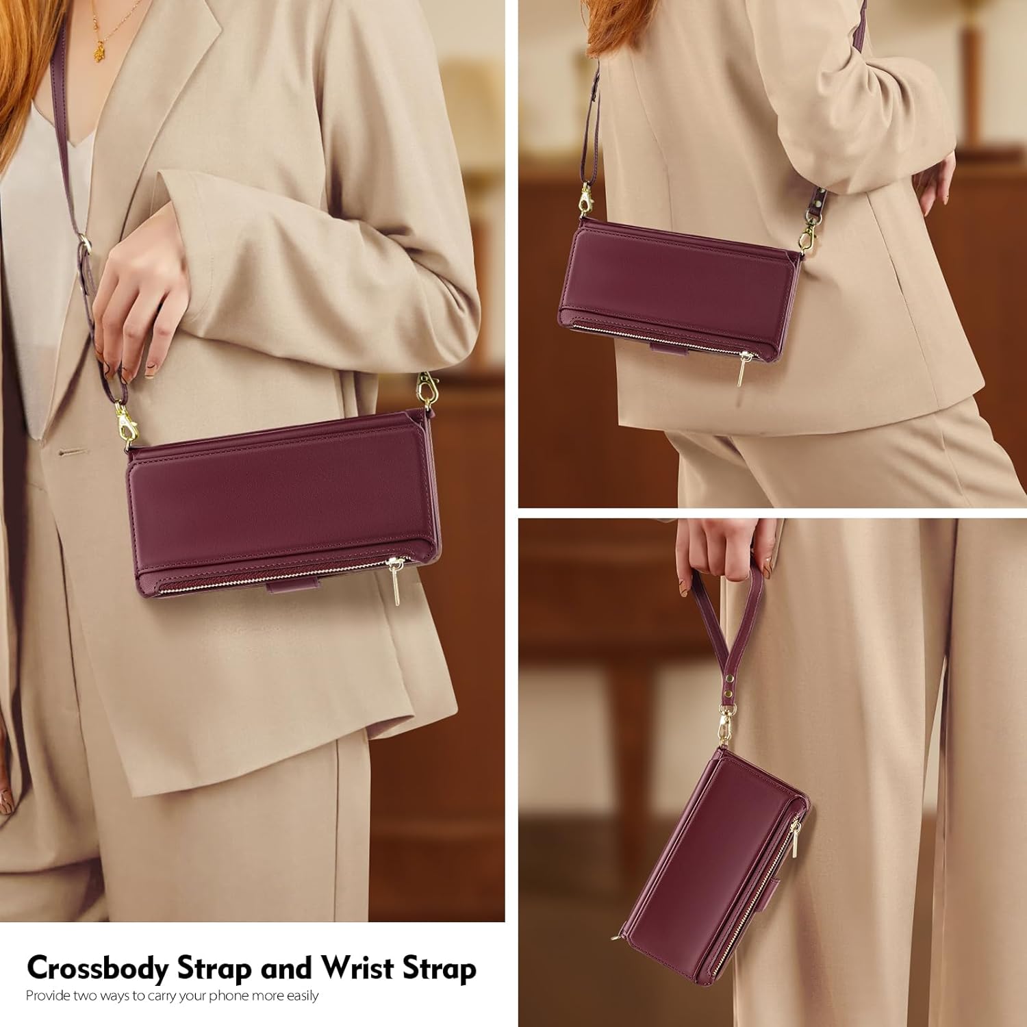 Antsturdy Compatible with iPhone Air Wallet Case for Women【RFID Blocking】 Crossbody Phone Case PU Leather Zipper with Wrist Strap Flip Cover Credit Card Holder for Apple 17 Air 2025,Wine Red - Image 3