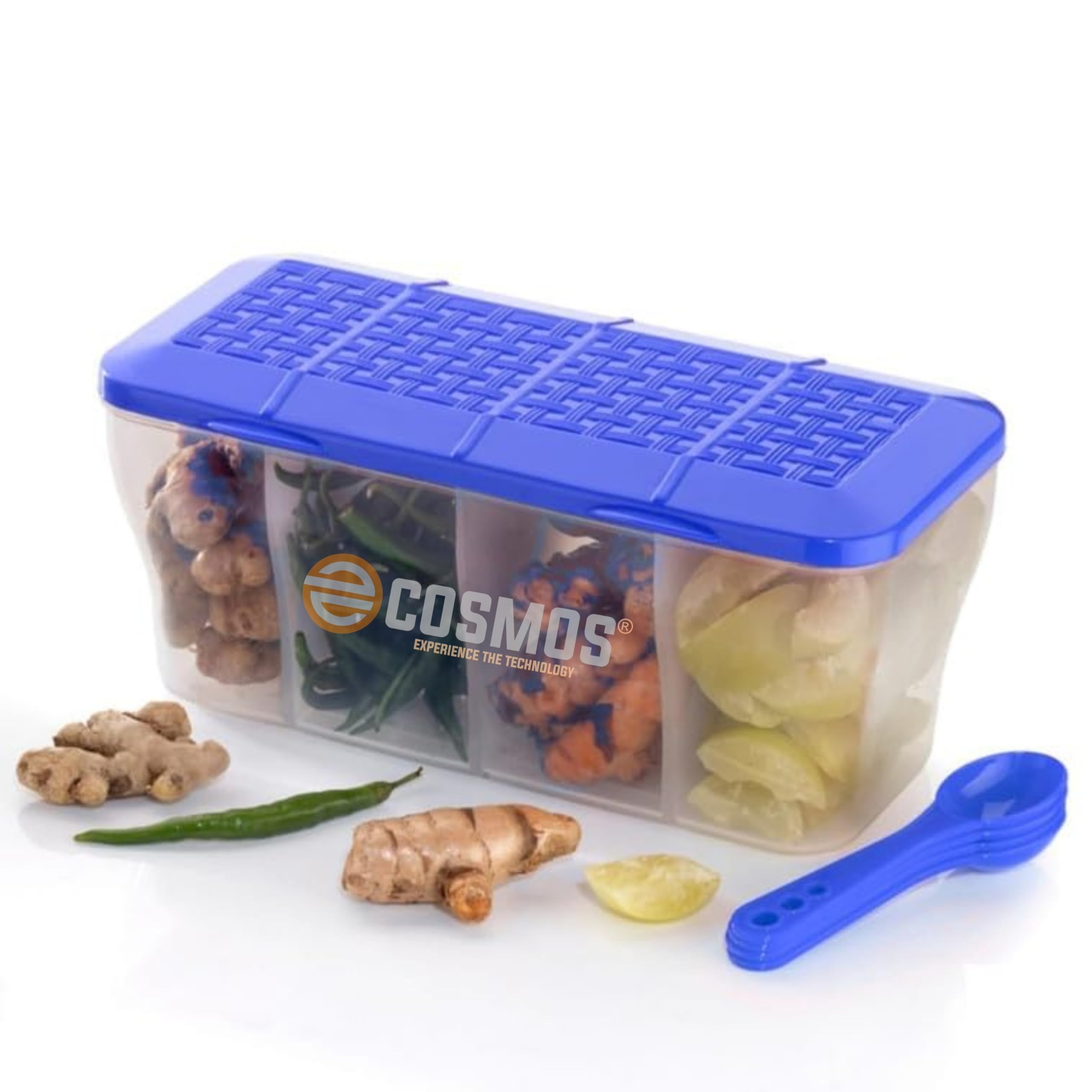 E-COSMOS 4 section container for vegetables,dryfruits,spices,grocery,pickles,and multipurpose 4 in 1 box for kitchen & Storage Containers Airtight,Cereal 1800 ML with 4 Spoons - Multi, Plastic (Blue) (B0CGZNGX6K) Amazon Price History, Amazon Price Tracker