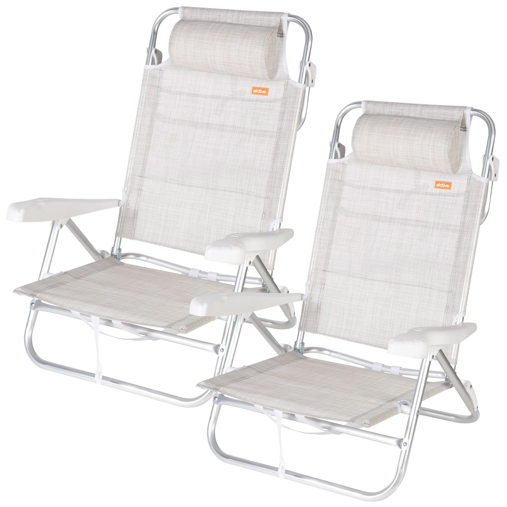 AKTIVE Pack 2 Sillas de Playa Bajas multiposición 47x49x82 cm, Respaldo reclinable, 8 Posiciones, Tejido Transpirable, Reposacabezas, hasta 110 kg, Plegables con asa, Beige (85533)