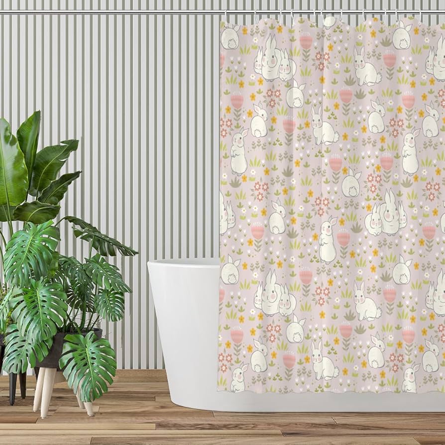 Amazon｜シャワーカーテン うさぎ柄 かわいい バスカーテン お風呂
