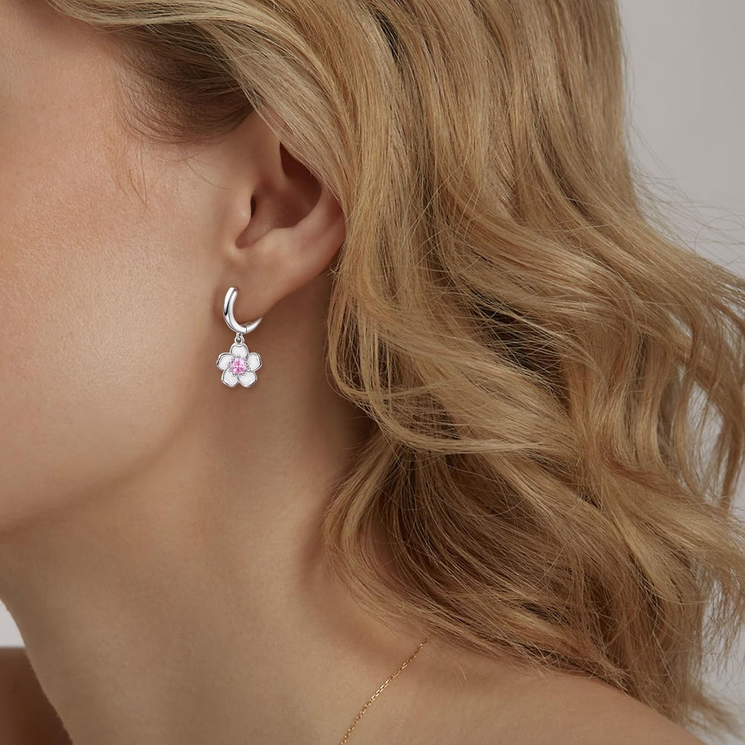 Dangle Hoop Earrings for Women-Sterling Silver Pink CZ Cherry Blossoms Hoop Earrings Small Shiny Crystal Flower Sakura Drop Huggie Earrings Cute Dainty Romantic Jewelry for Women Mom Wife Birthday - Image 4