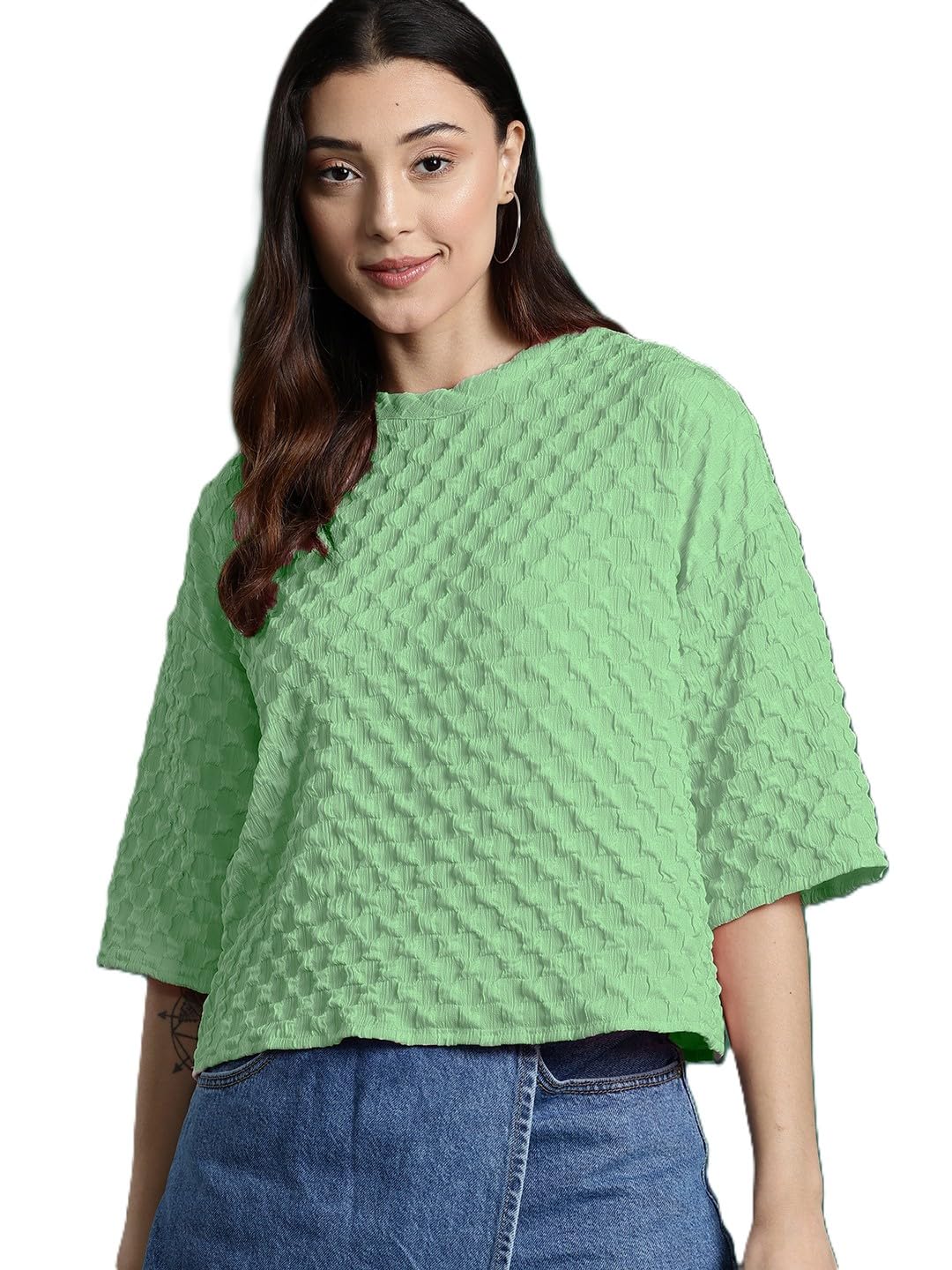 Womens Round Neck Drop Shoulder Tops Half Sleeve Tops for Woman Stylish Western Bricks Wool Casual Crop Tops