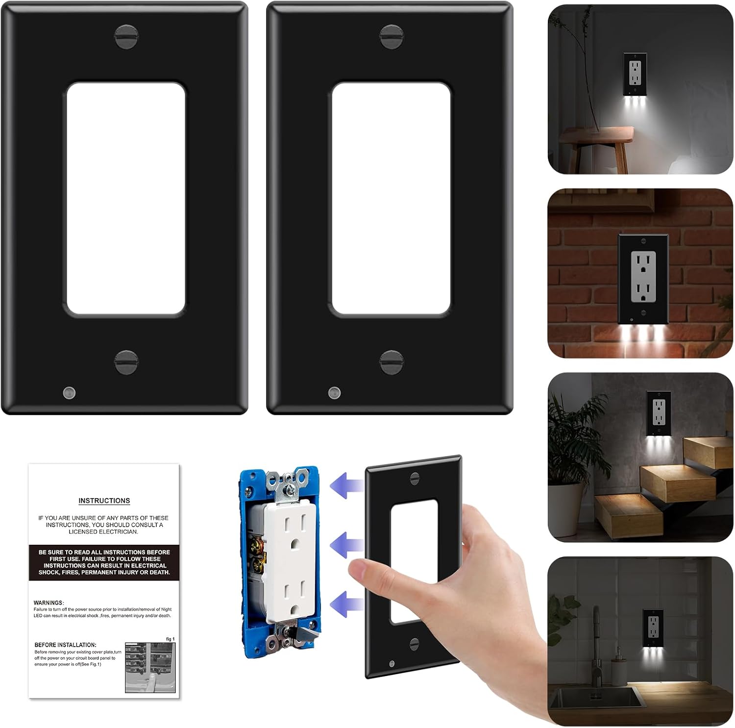 2 Pack Outlet Wall Plate with Led, Outlet Covers with Night Lights Easy