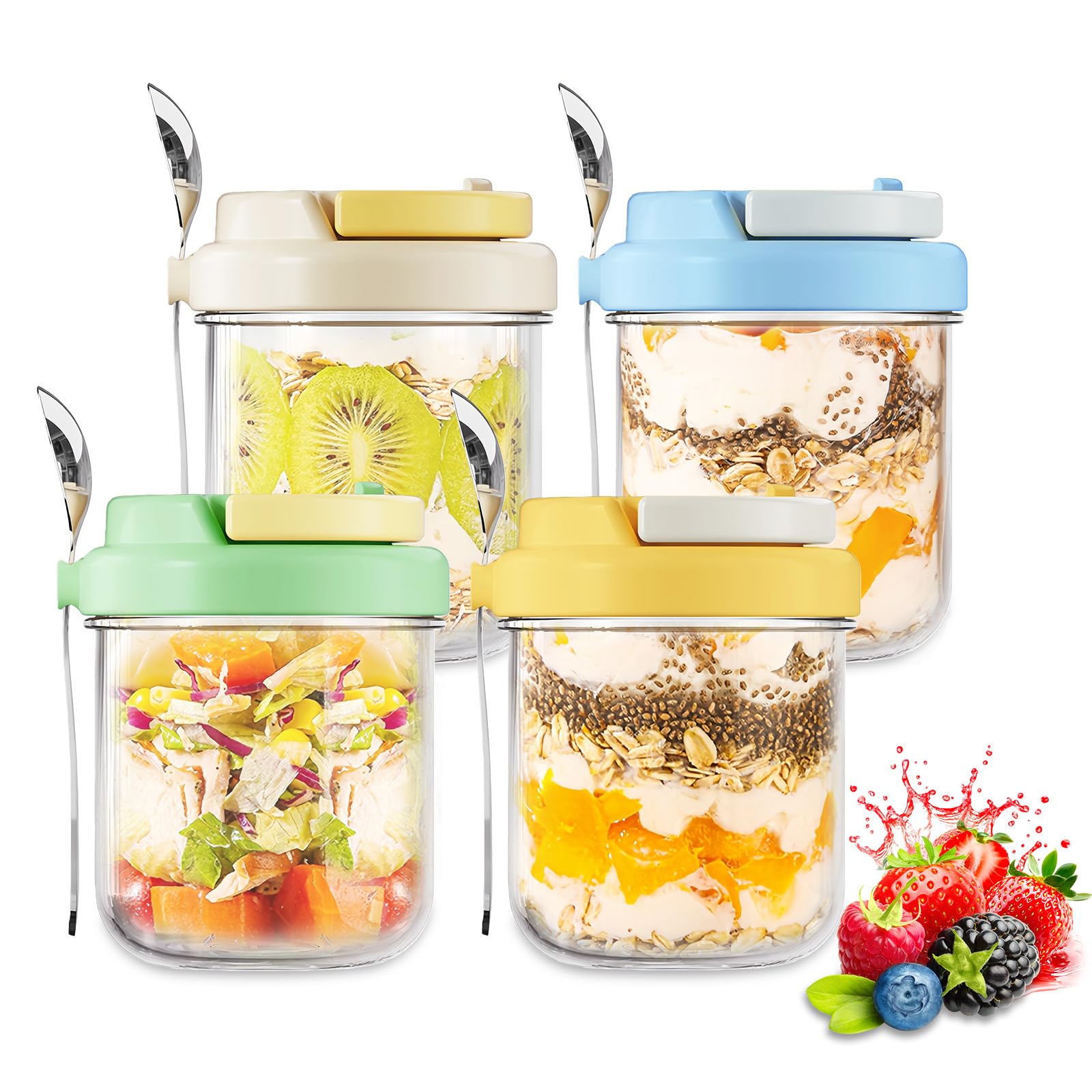 4 Pack Overnight Oats Container, Overnight Oats Jars with Lid and Spoon