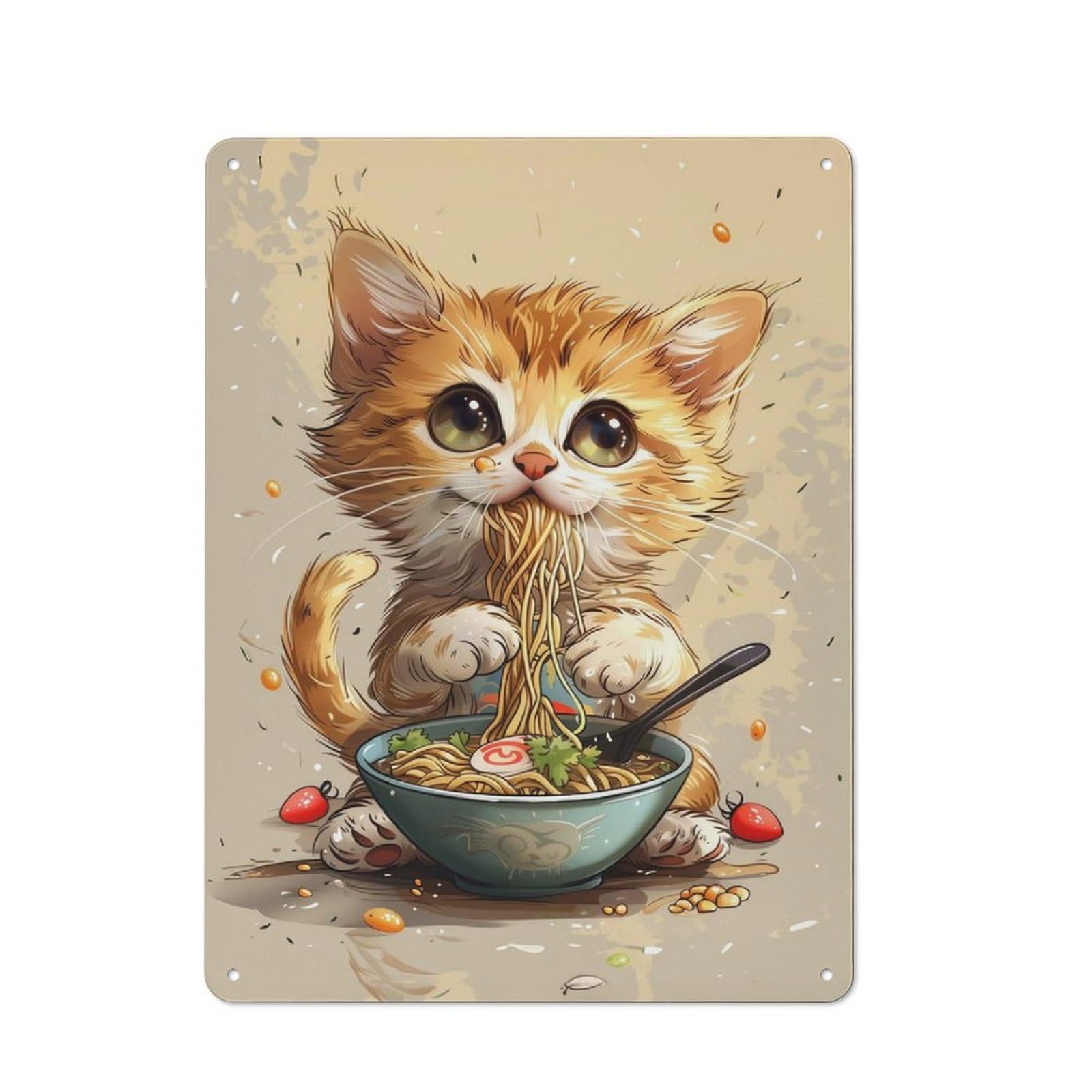 Junmoney A Cute Cat Is Eating Ramen Retro Metal Wall Sign 40X30cm For Hobby Room Or Studio, For Garage, Workshop And Man Cave Decoration