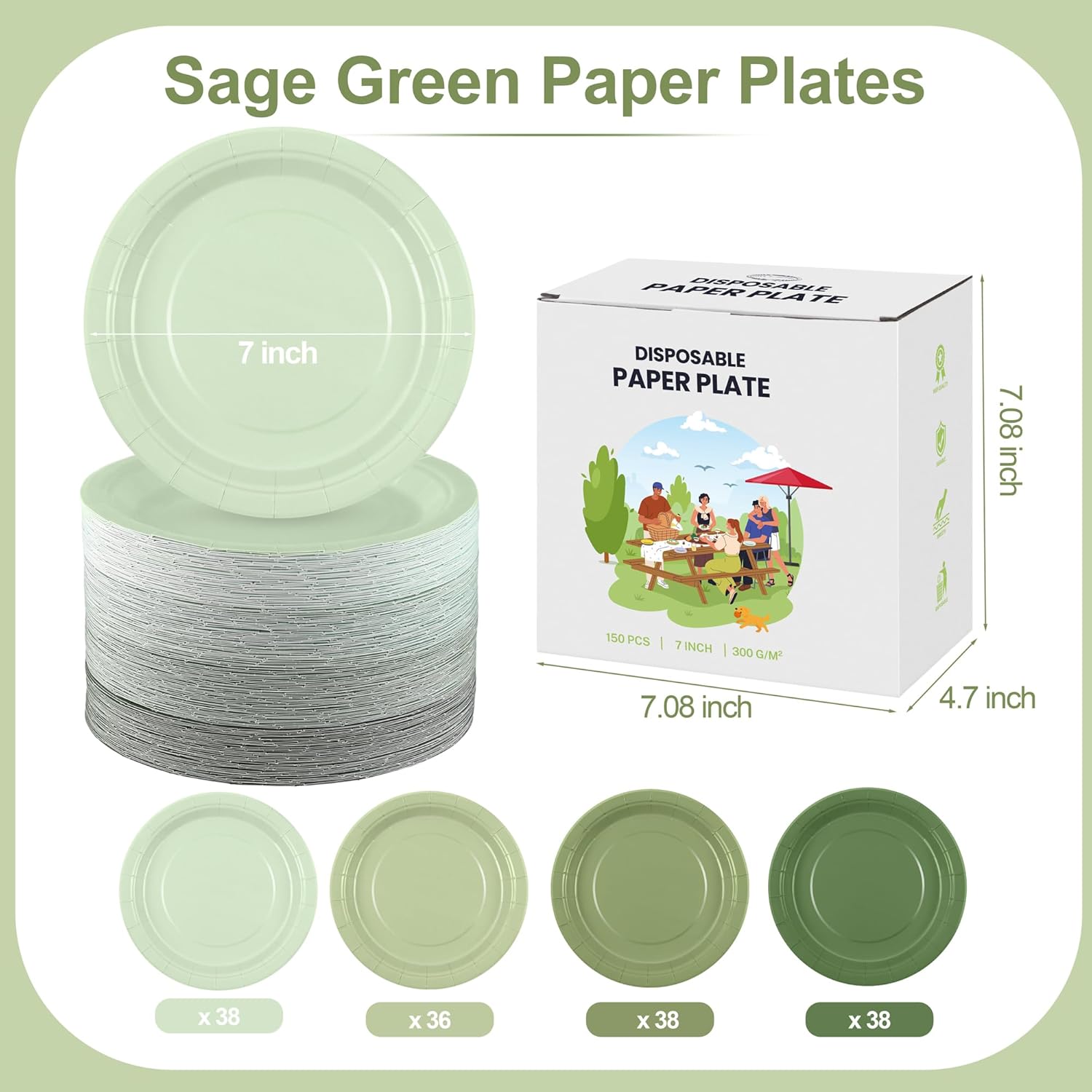 Kochorie 150 Pieces Sage Green Paper Plates 7 Inch Bulk Disposable Gradient Green Dinner Plates Heavy Duty Round Dessert Supplies for Birthday Wedding Holiday Bridal Shower Party Supplies - Image 2