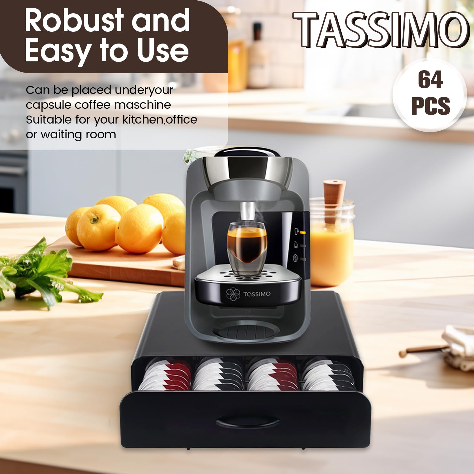 UCAMP Porte Capsules,Tiroirs de Rangement,Tiroir Capsule de Café,Tiroir Métal,64 Capsules Porte-Capsules pour Tassimo,Distributeur Capsules pour La Maison,Bureau,Envoyer 1 Chiffon de Nettoyage