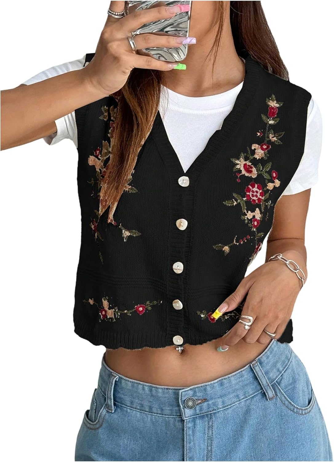 GORGLITTER Women's Flower Embroideried Boho Sweater Vest Sleeveless Fall Vintage Crochet Cardigan Khaki Small