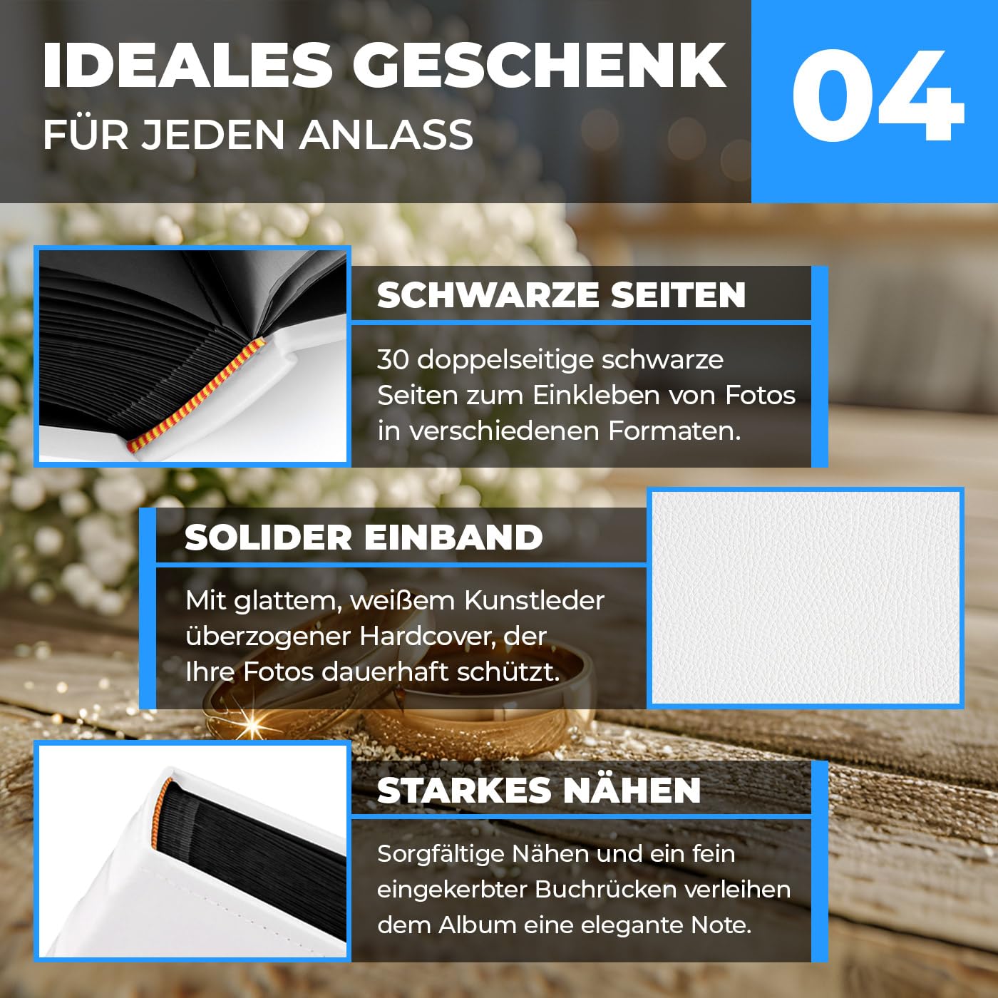 Maverton Fotoalbum zum Selbstgestalten mit Aufdruck - für 240 Fotos 10x15-60 schwarze Seiten - Größe 33x30cm - Weihnachtsgeschenke - Weiß - personalisierte Geschenke zum Hochzeitstag zur Hochzeit