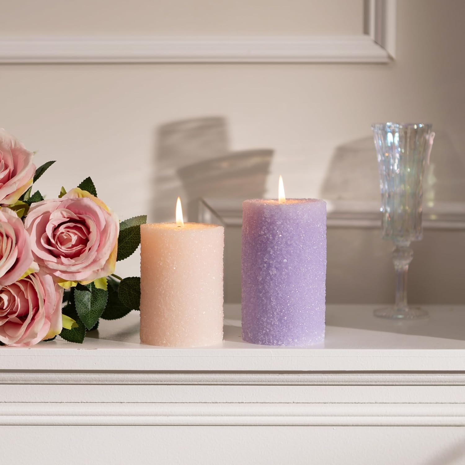 MOZEAL Hand-Poured Granular Texture Decorative Lavnder Pillar Candles Set of 3 (3"x4", 5", 6"),Approx 300 Hours Burn Time Dripless, Unscented, Smokeless, Spring Party Decor Candle Lover Gift