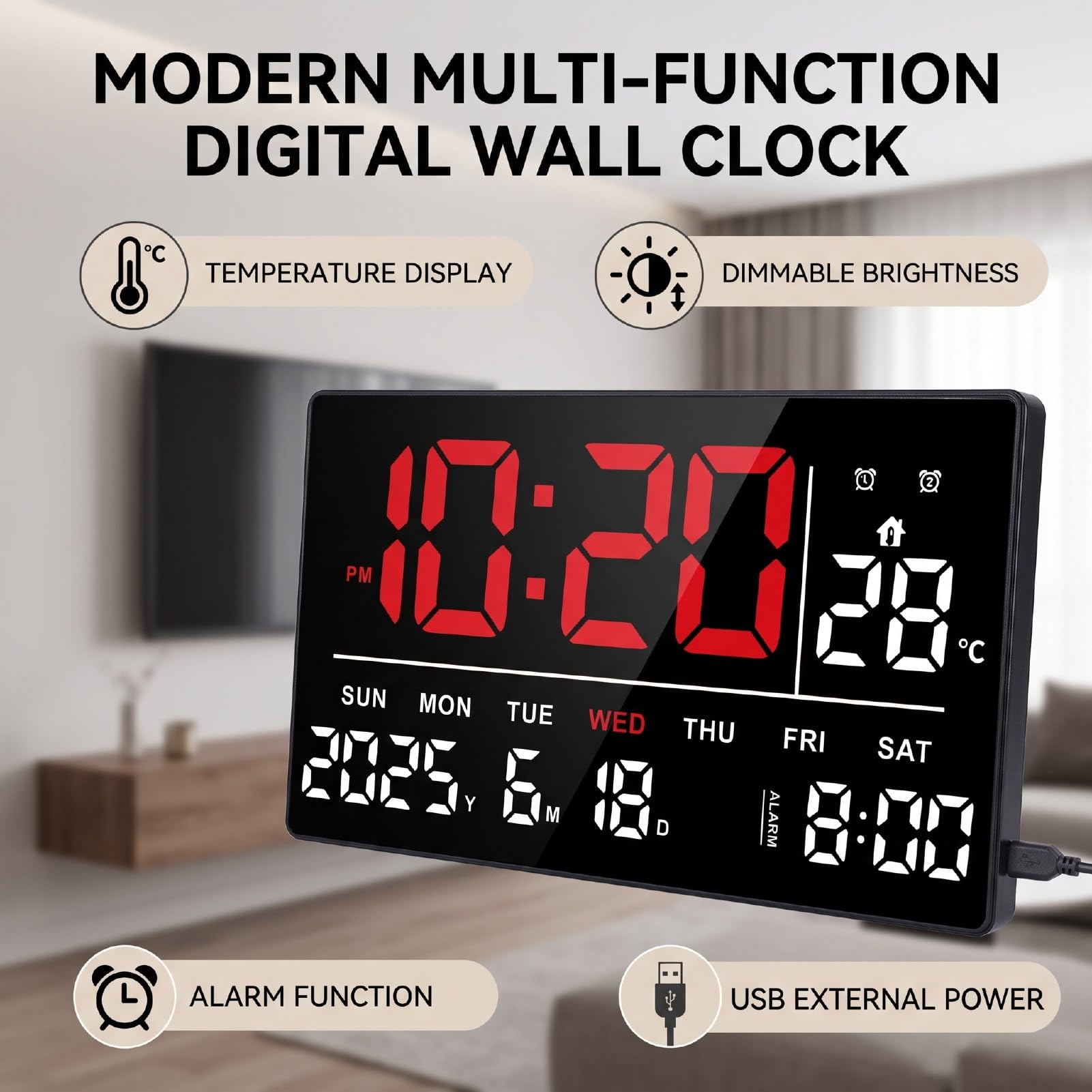 AMONIDA Orologio da Parete Digitale a LED Ampio Display HD con Data e Temperatura