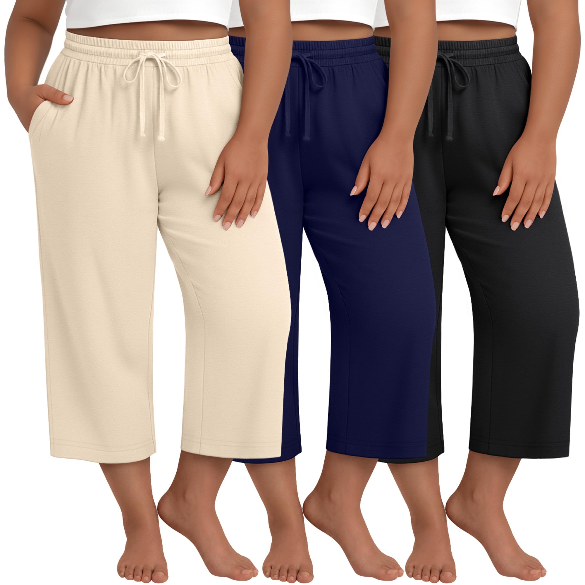 Huukeay 3 Pack Women's Plus Size Capris Wide Leg Yoga Capri Sweatpants Drawstring Loose Fit Summer Cropped Pants with Pockets