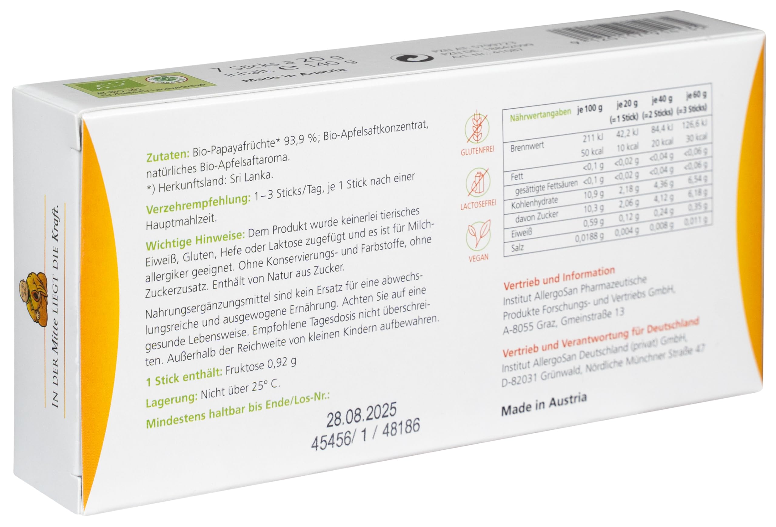 Caricol, 100% ingredienti naturali di qualità biologica, con papaina, facile da dosare, 7 bastoncini da 20 g (140 g)