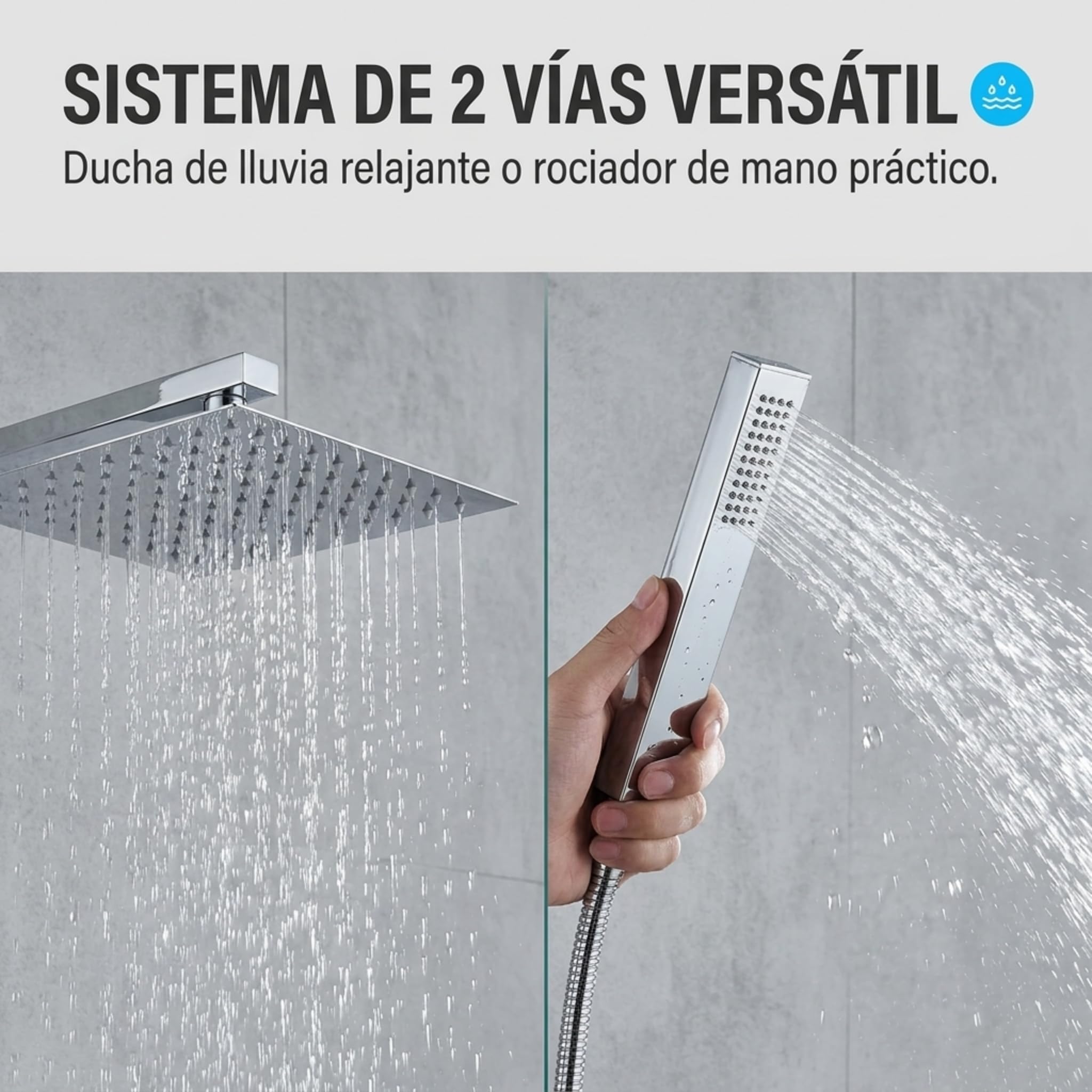 VALAZ Ducha Empotrada Cromada a Pared | Ducha Monomando 2 Vías, Rociador Efecto Lluvia | Instalación en Pared Fácil y Rápida | Acero Aleado, Inoxidable, Rociador 25 cm Serie Tajo