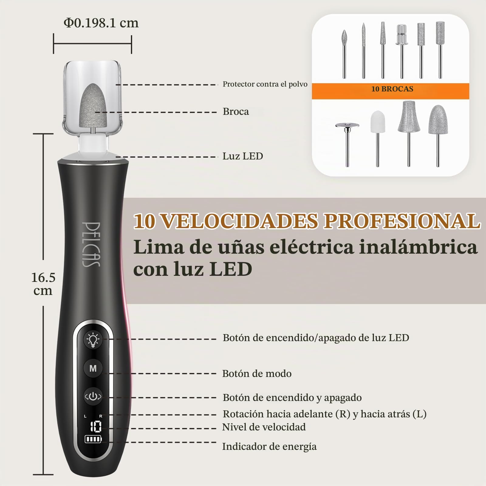 PELCAS Torno para Uñas 10 velocidades Torno para Uñas Profesional Inalámbrico con Pantalla LCD y Luz LED Lima Eléctricas Uñas Recargables Set de Manicura y Pedicura para Salón DIY