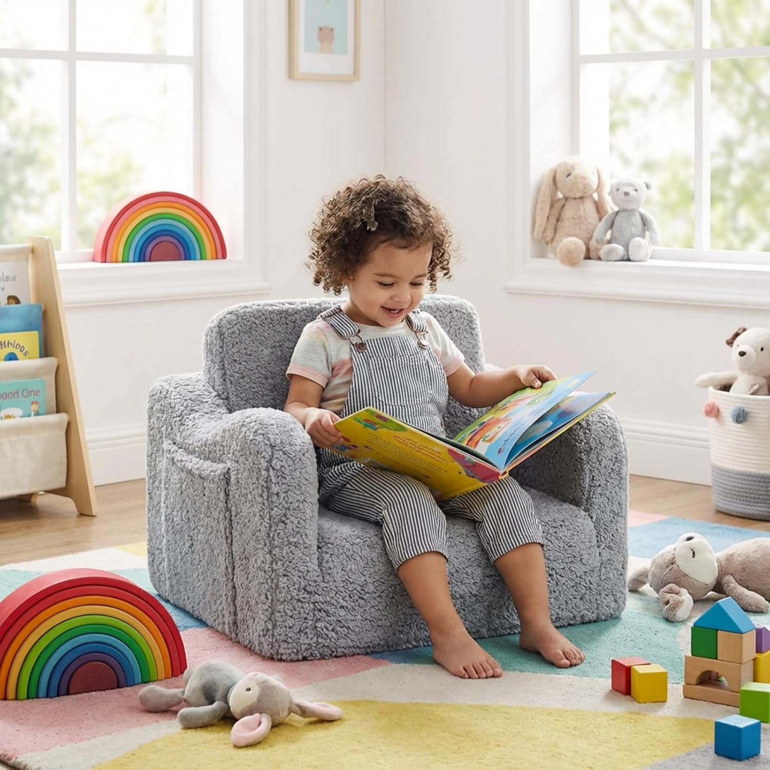 Kids Couch, 2-in-1 Convertible Foldable Sofa Chair for Kids, Grey image 5
