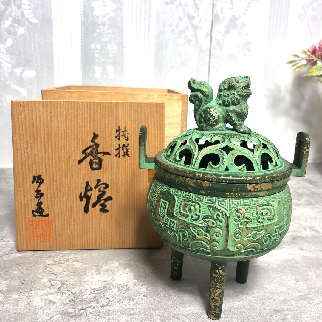 古美術 銅 鬼力 香炉 香炉/香器『高岡銅器【十六羅漢香炉/雲龍蓋】銅製/内島青凰作