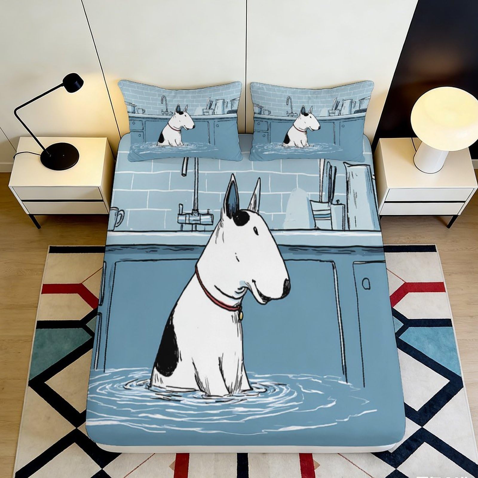 3D Printed Bull Terrier Dog Fitted Sheet Microfiber Blue Cartoon Bed Cover for Bedroom Guest Room Mattress Decor 90x200x25cm
