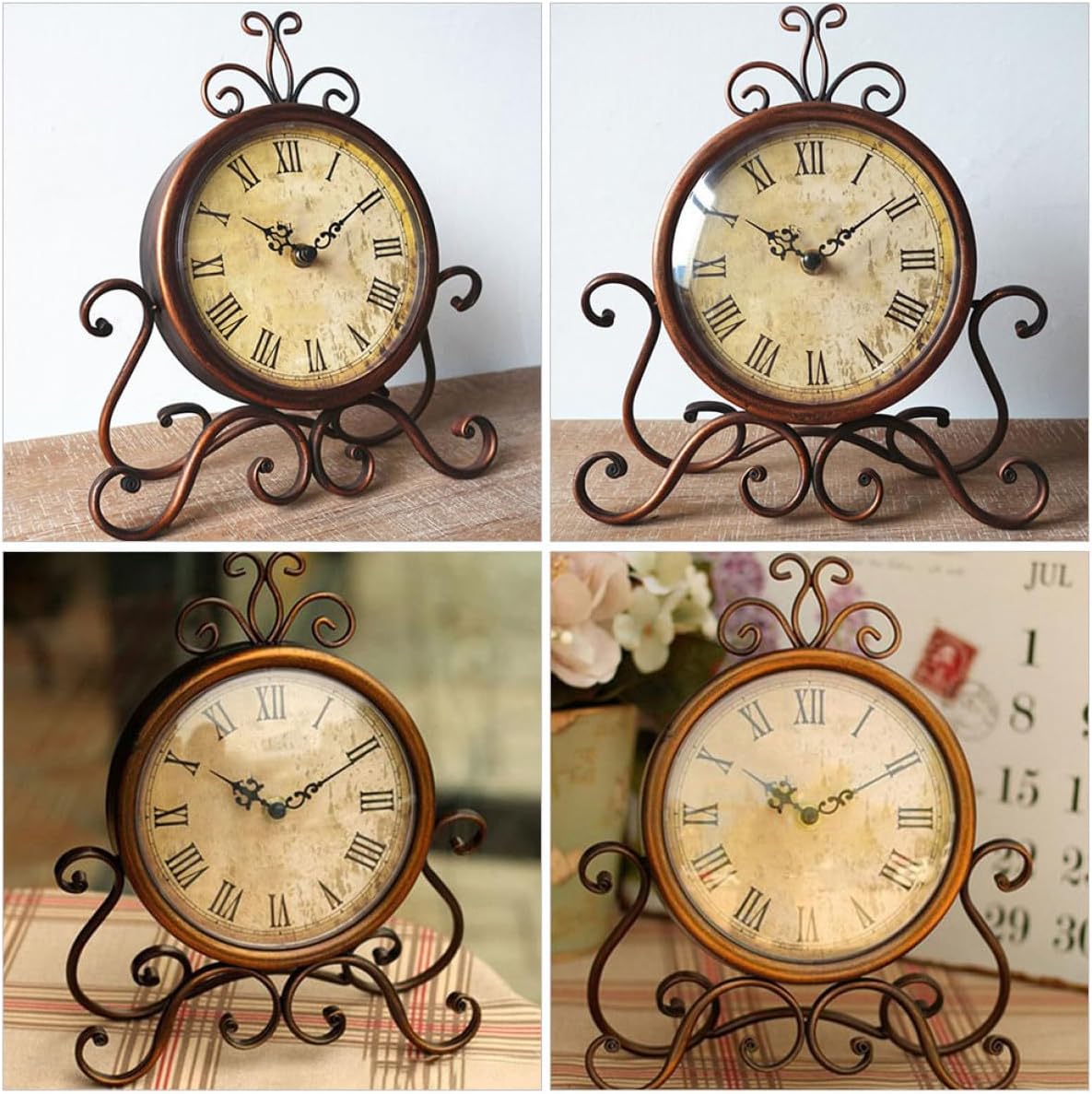 Vintage European Retro Iron Art Mantel Clock Brown Desktop Decor Bedroom Living Room Table Clock Without Battery