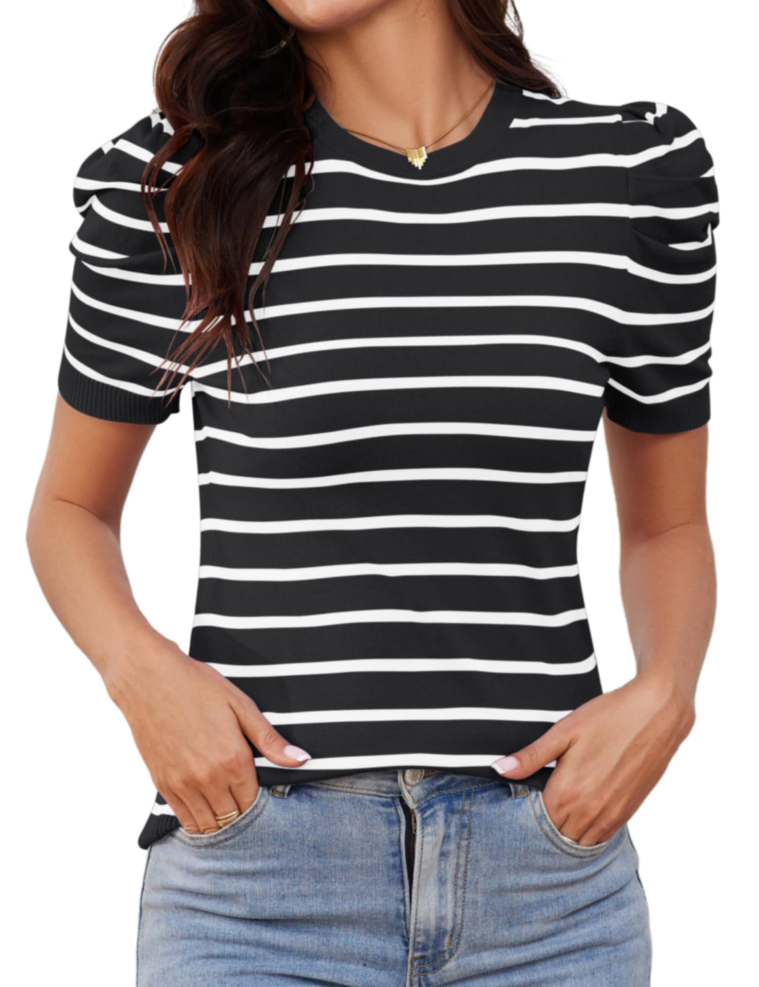 AKEWEI Puff Short Sleeve Sweater for Women Tops Trendy Spring Summer 2025 Business Casual Outfits Knit Crewneck Shirt Blouses
