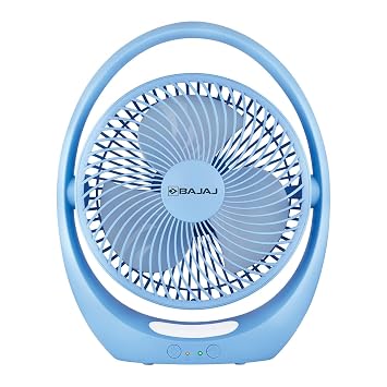 Bajaj Pygmy Go 178MM Mini Fan with LED Lighting | Rechargeable | USB Charging | 4-hours Battery Backup | 3 Speed | 2-Light Brightness Setting | High Speed | Portable【Blue】